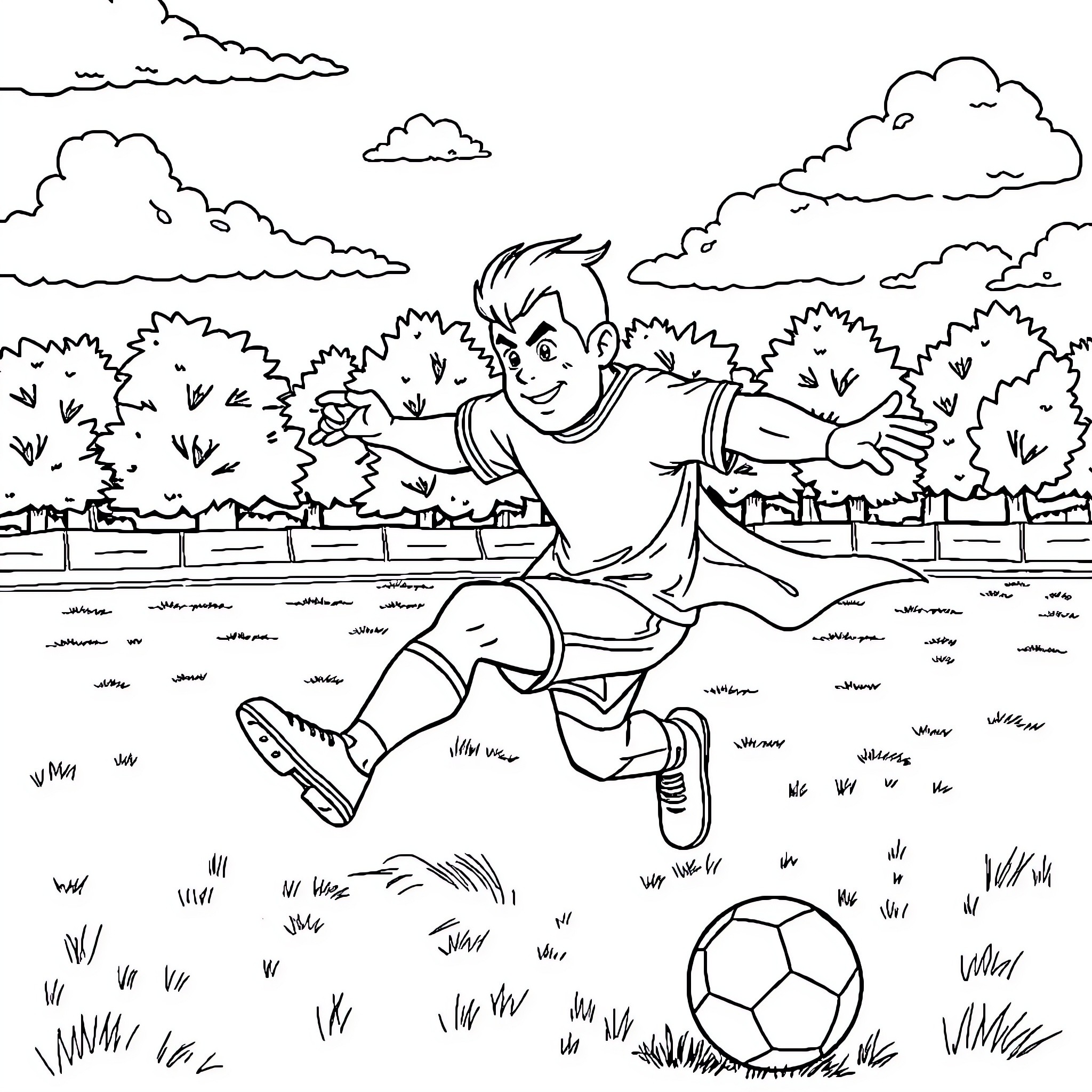 Gohan playing with a soccer ball in the park Coloring Page (free black-and-white line drawing printable PDF for all, from beginners to advanced learners, including children, teens, adults, and seniors)
