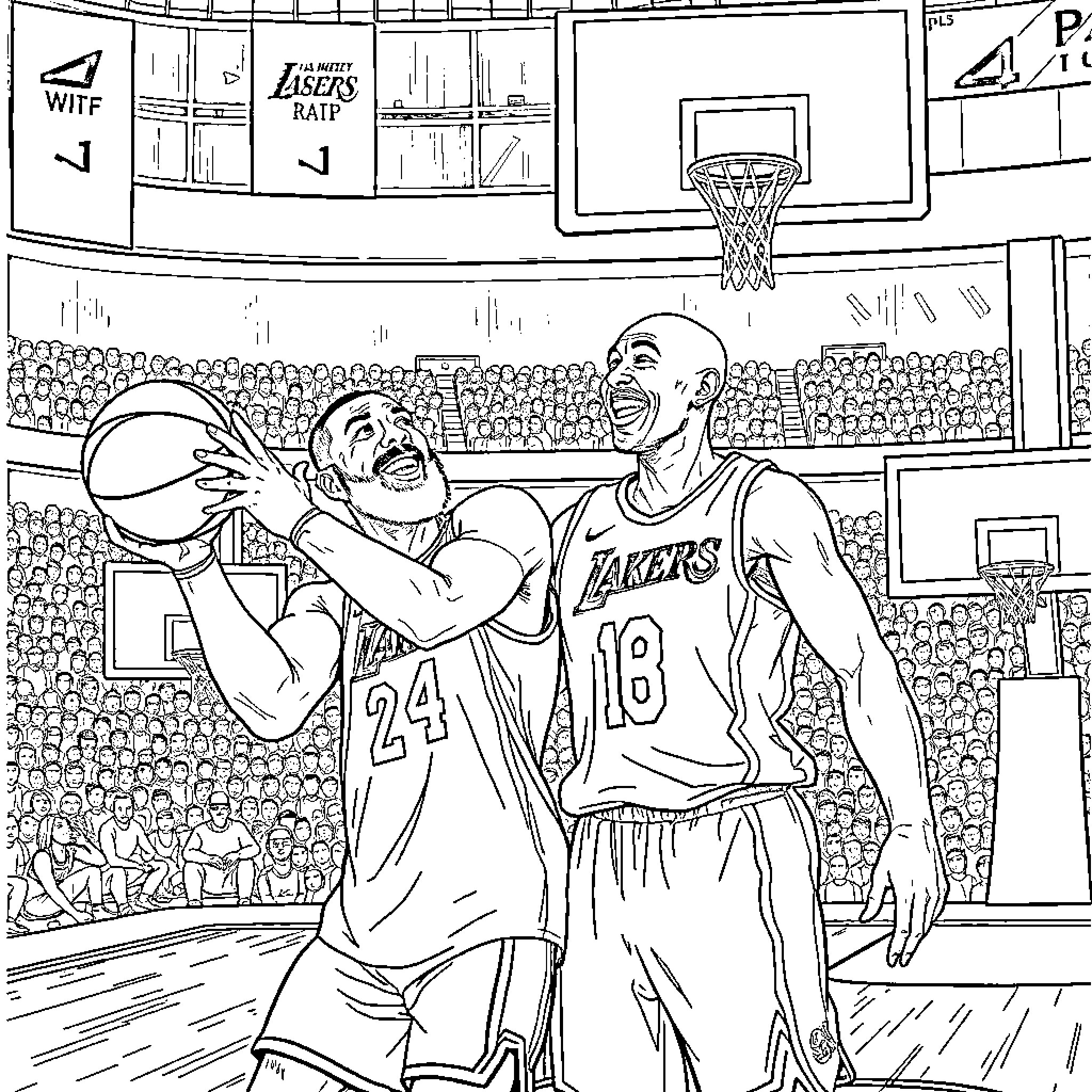 Mac Miller Basketball Players in Game Action Coloring Page (free black-and-white line drawing printable PDF for all, from beginners to advanced learners, including children, teens, adults, and seniors)