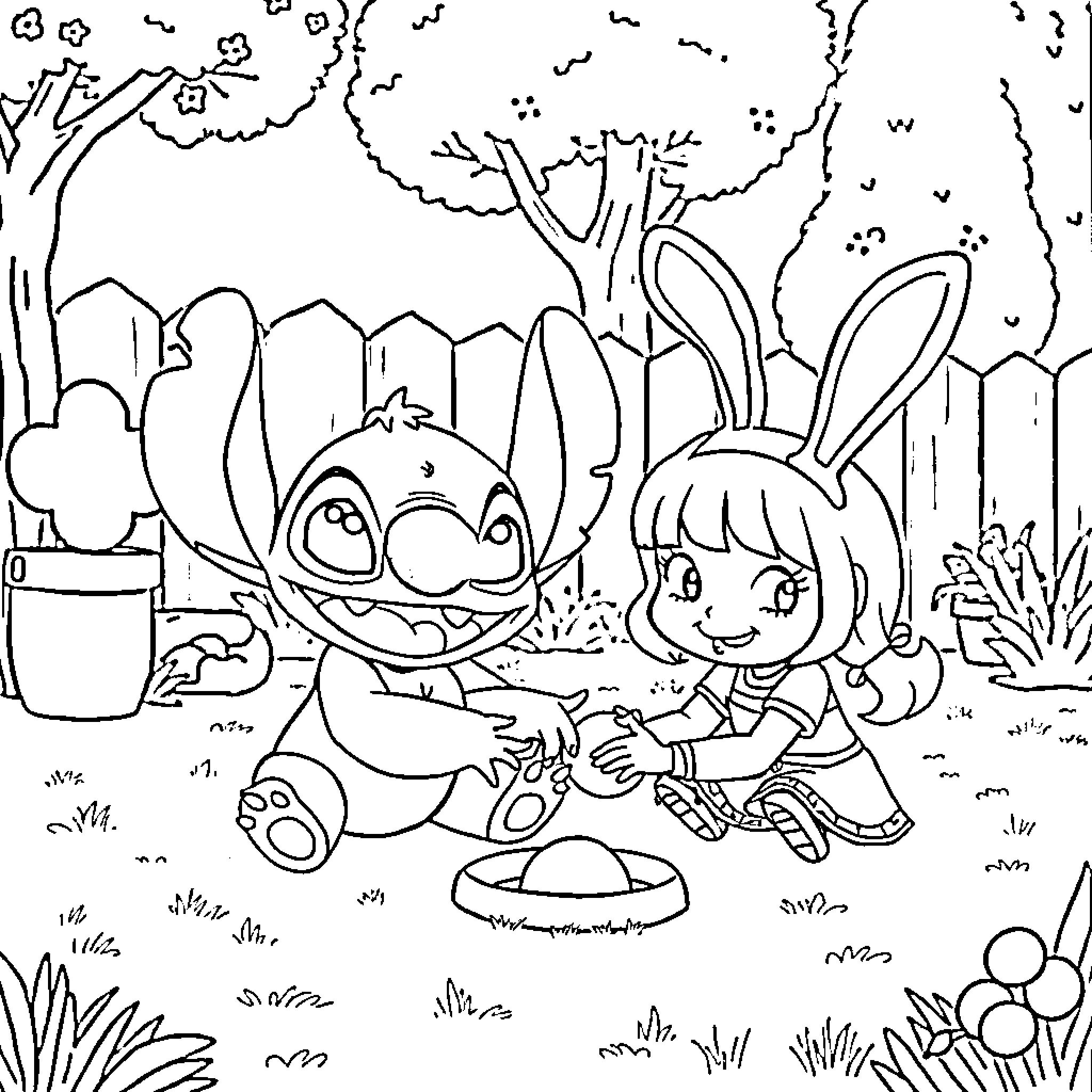 Stitch and girl exploring the forest Coloring Page (free black-and-white line drawing printable PDF for all, from beginners to advanced learners, including children, teens, adults, and seniors)
