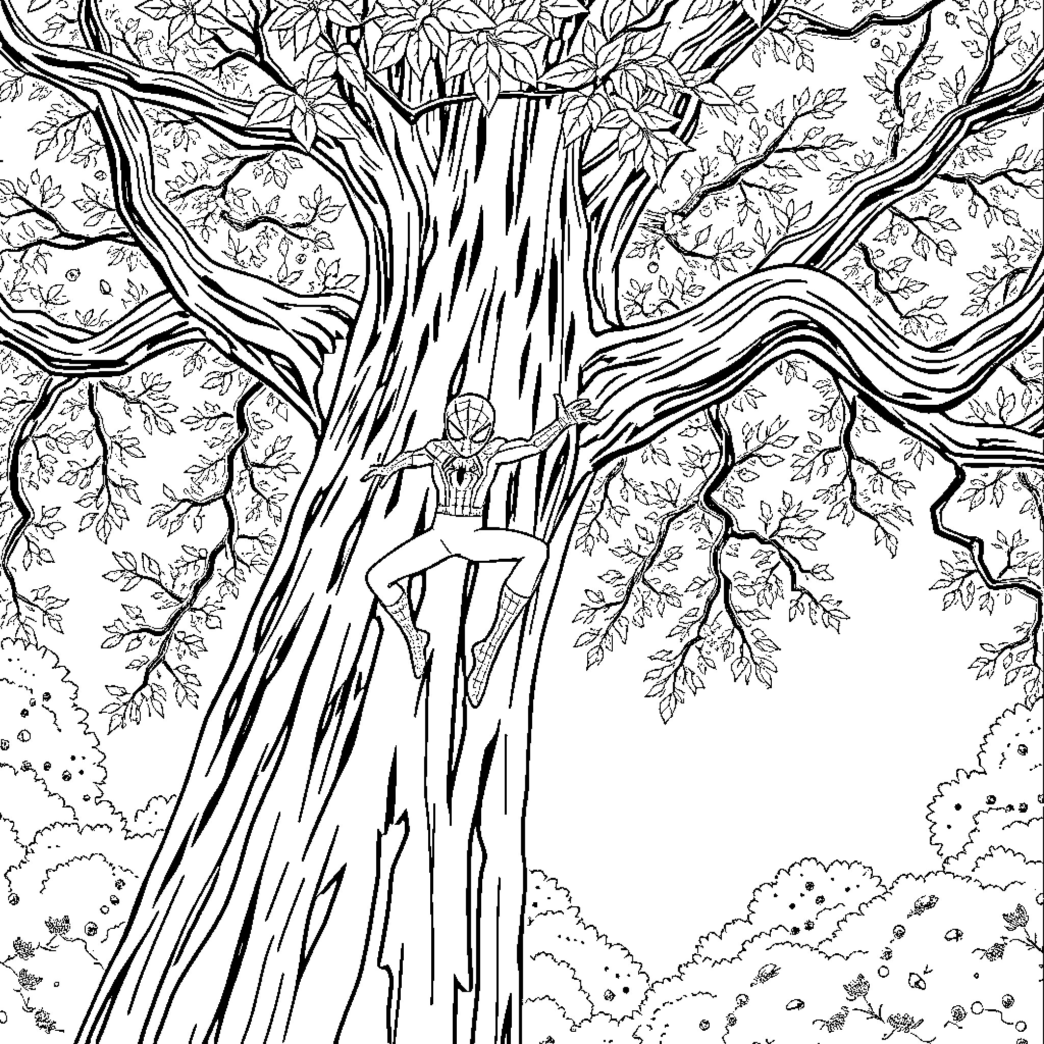 Spider-Man climbing up a massive tree in the forest Coloring Page (free black-and-white line drawing printable PDF for all, from beginners to advanced learners, including children, teens, adults, and seniors)