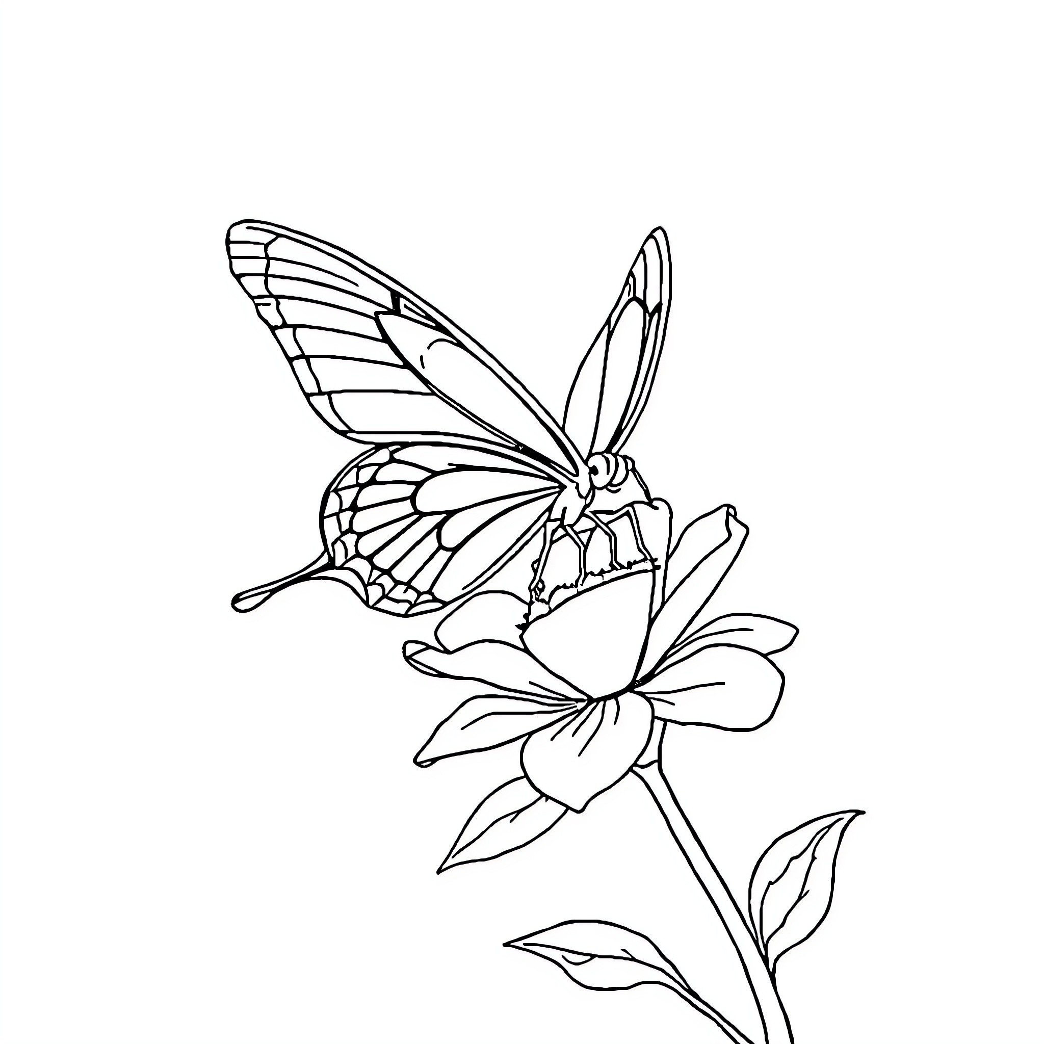 Butterfly resting on a flower Coloring Page (free black-and-white line drawing printable PDF for all, from beginners to advanced learners, including children, teens, adults, and seniors)