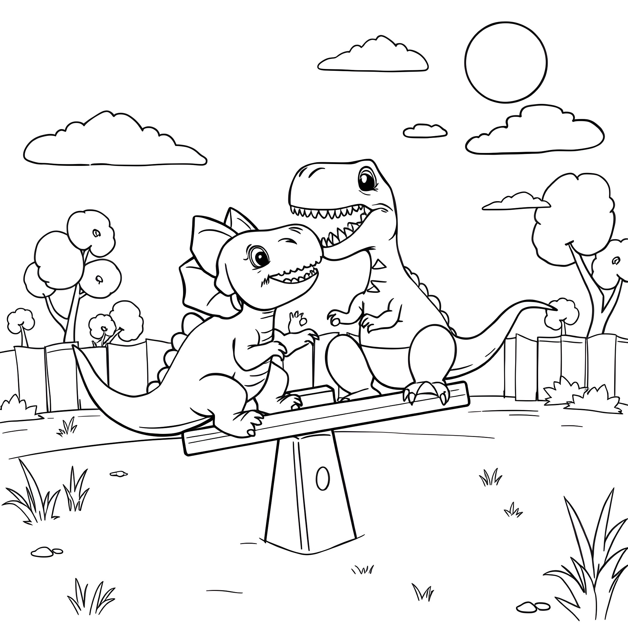 Dinosaurs playing happily on a seesaw Coloring Page (free black-and-white line drawing printable PDF for all, from beginners to advanced learners, including children, teens, adults, and seniors)