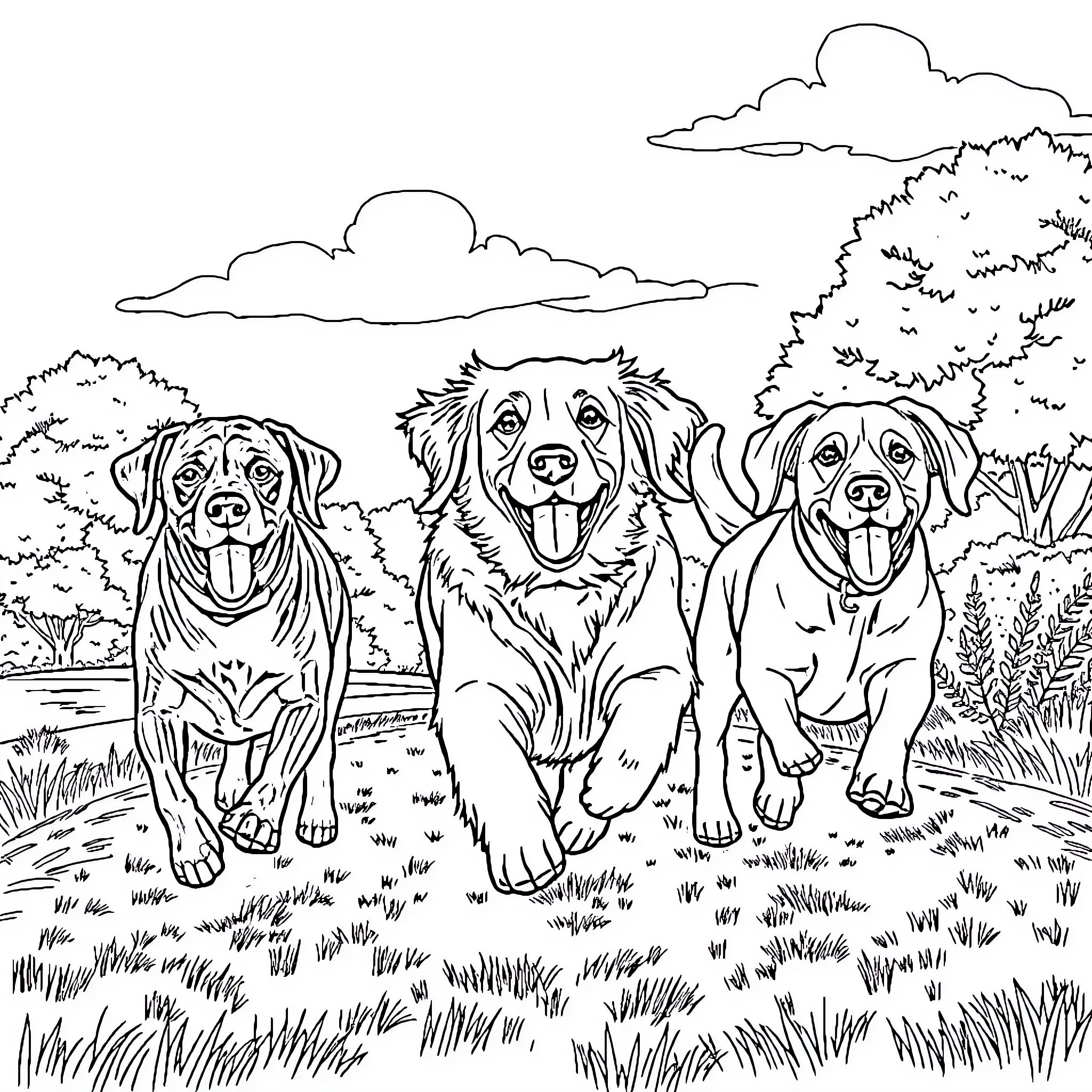 Dog friends playing joyfully in the countryside Coloring Page (free black-and-white line drawing printable PDF for all, from beginners to advanced learners, including children, teens, adults, and seniors)