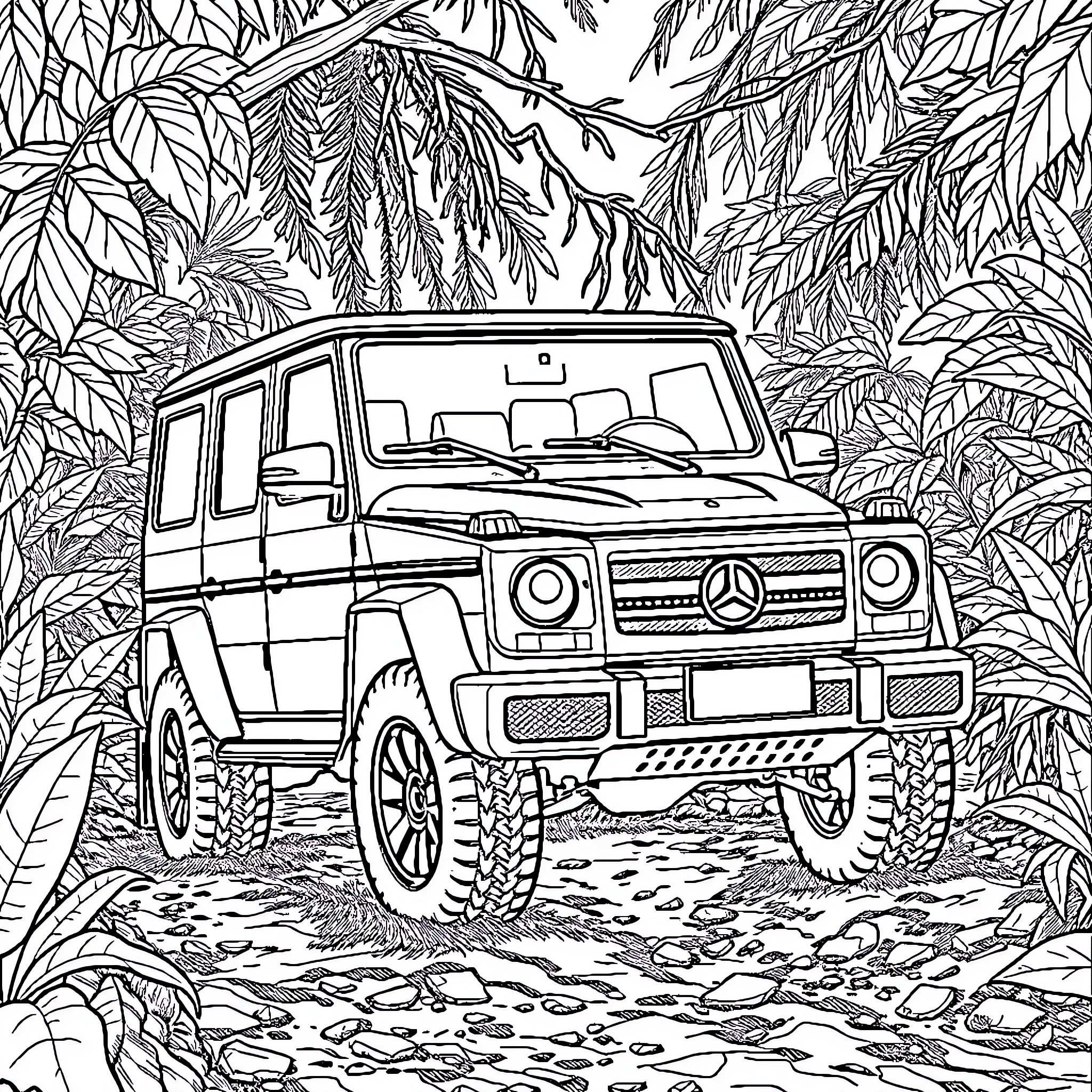 SUV driving through lush tropical forest Coloring Page (free black-and-white line drawing printable PDF for all, from beginners to advanced learners, including children, teens, adults, and seniors)