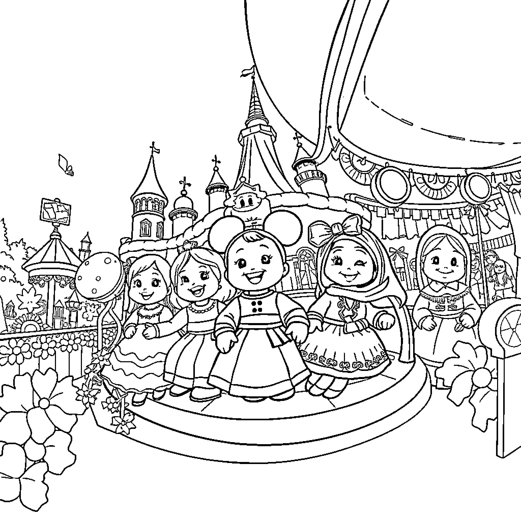 It's a Small World: Children in Festive Attire at Magical Amusement Park Coloring Page (free black-and-white line drawing printable PDF for all, from beginners to advanced learners, including children, teens, adults, and seniors)