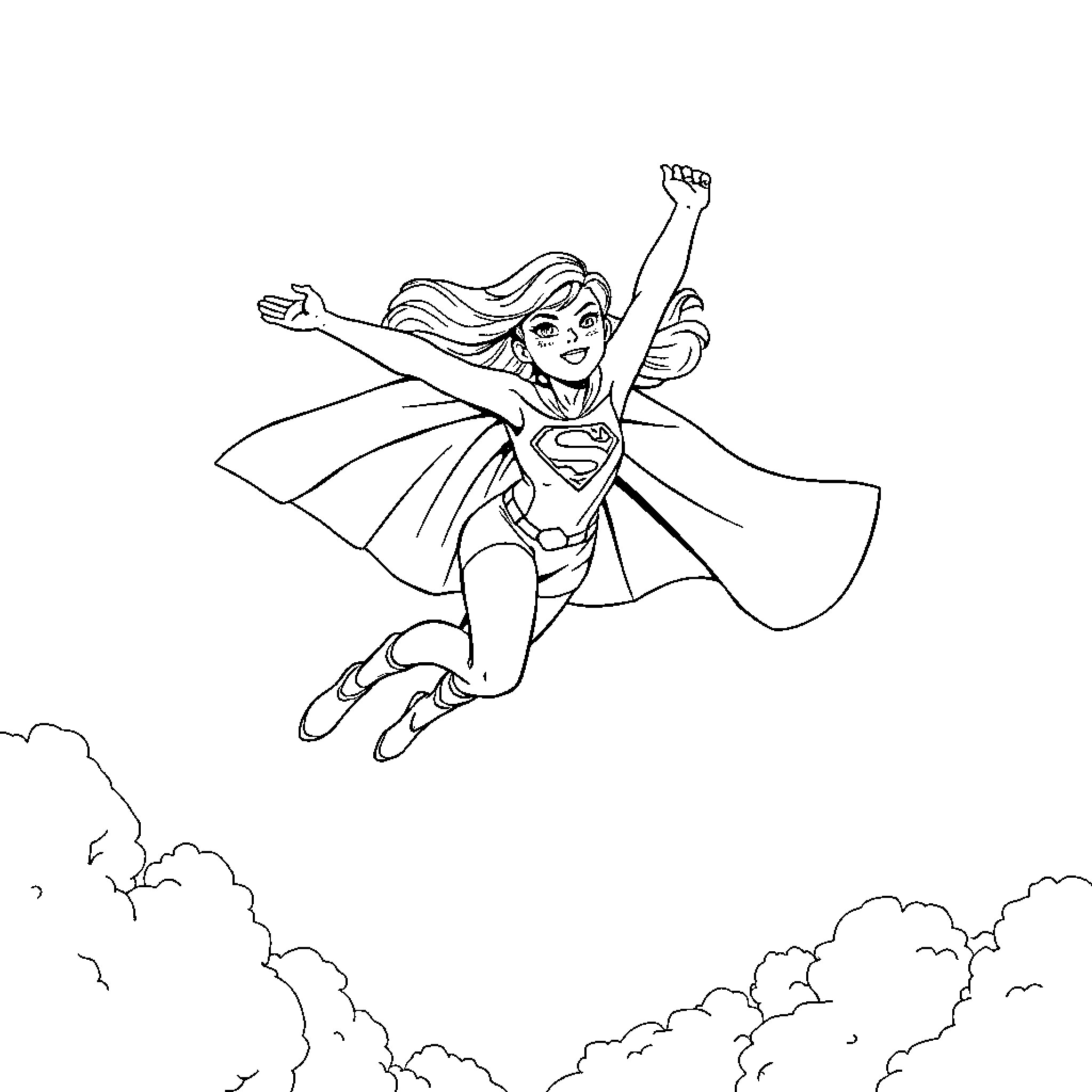 Super Girl soaring through the sky Coloring Page (free black-and-white line drawing printable PDF for all, from beginners to advanced learners, including children, teens, adults, and seniors)