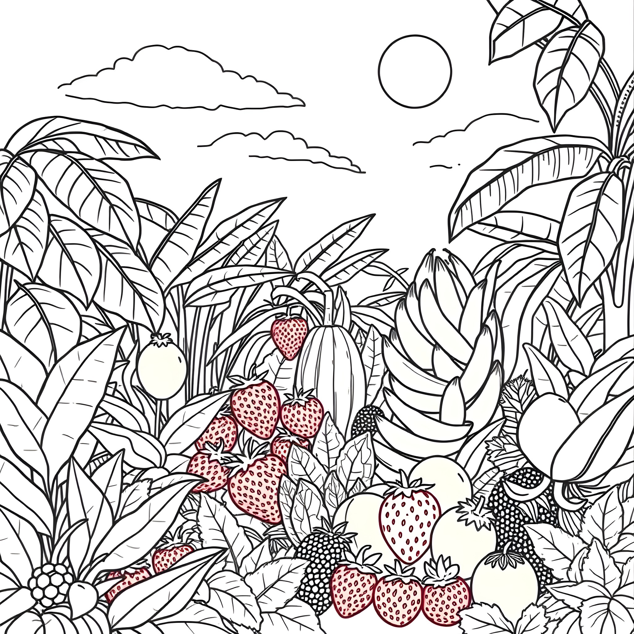 Fruit Patch in the Tropical Jungle Coloring Page (free black-and-white line drawing printable PDF for all, from beginners to advanced learners, including children, teens, adults, and seniors)