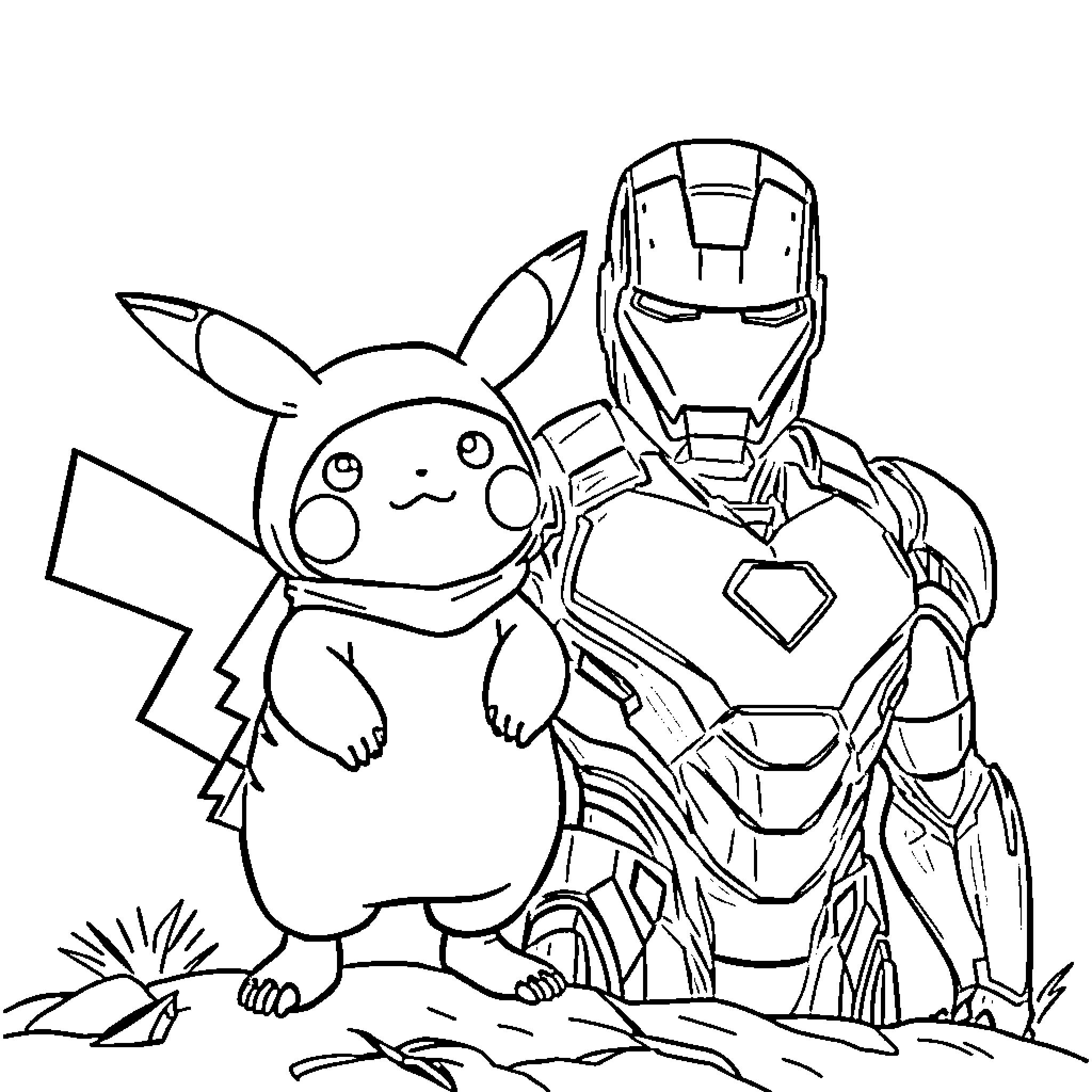 Pikachu and Iron Man Exploring the Outdoors Coloring Page (free black-and-white line drawing printable PDF for all, from beginners to advanced learners, including children, teens, adults, and seniors)