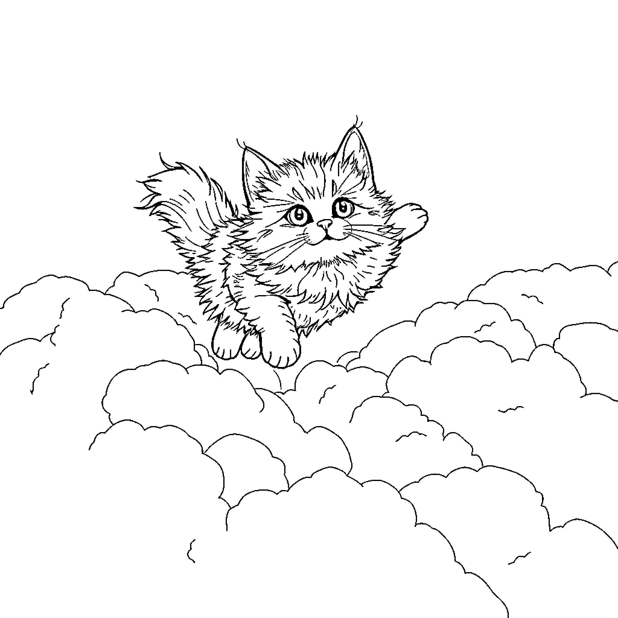 Cat exploring fluffy clouds in the sky Coloring Page (free black-and-white line drawing printable PDF for all, from beginners to advanced learners, including children, teens, adults, and seniors)