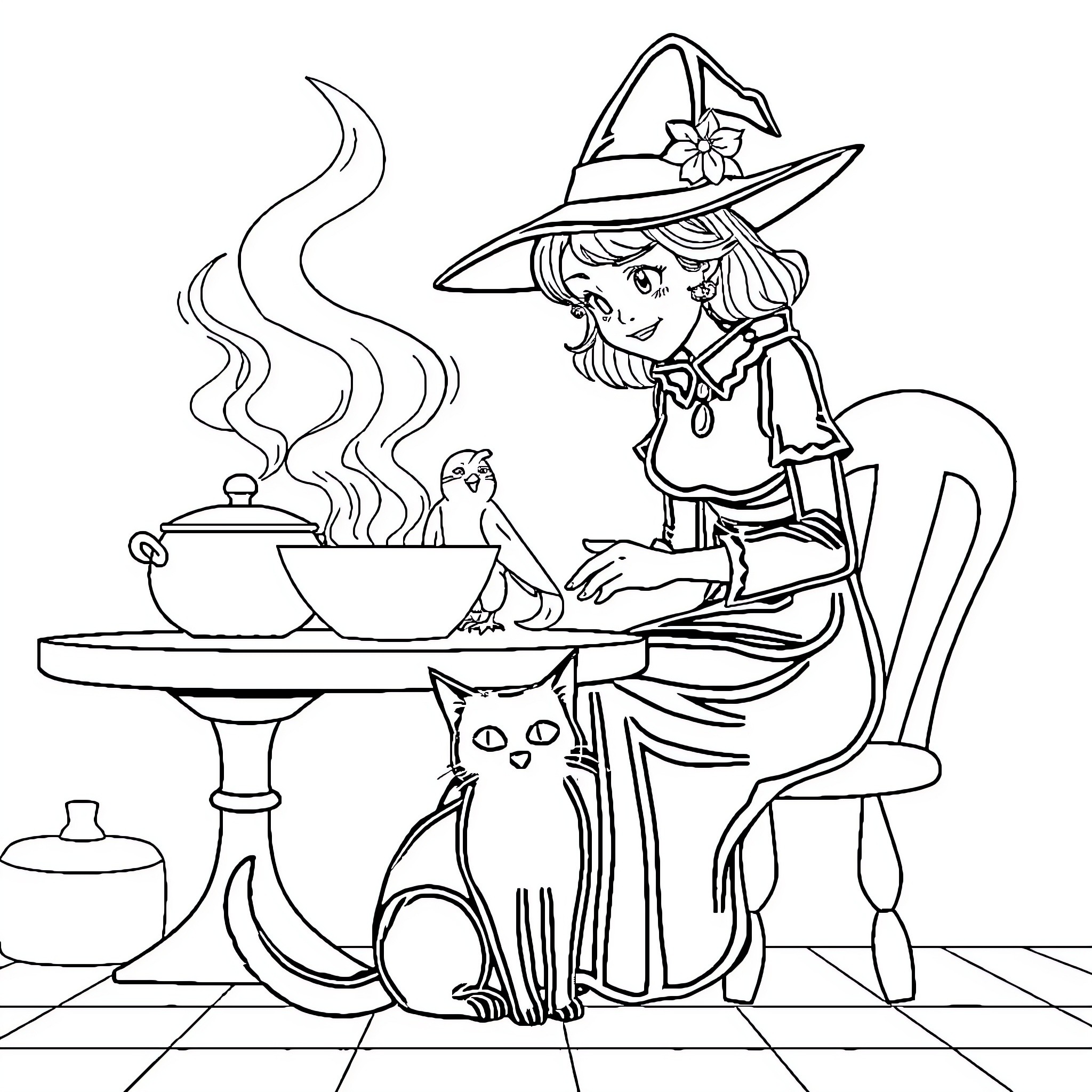 Sorceress cooking a magical potion with her feline companions Coloring Page (free black-and-white line drawing printable PDF for all, from beginners to advanced learners, including children, teens, adults, and seniors)