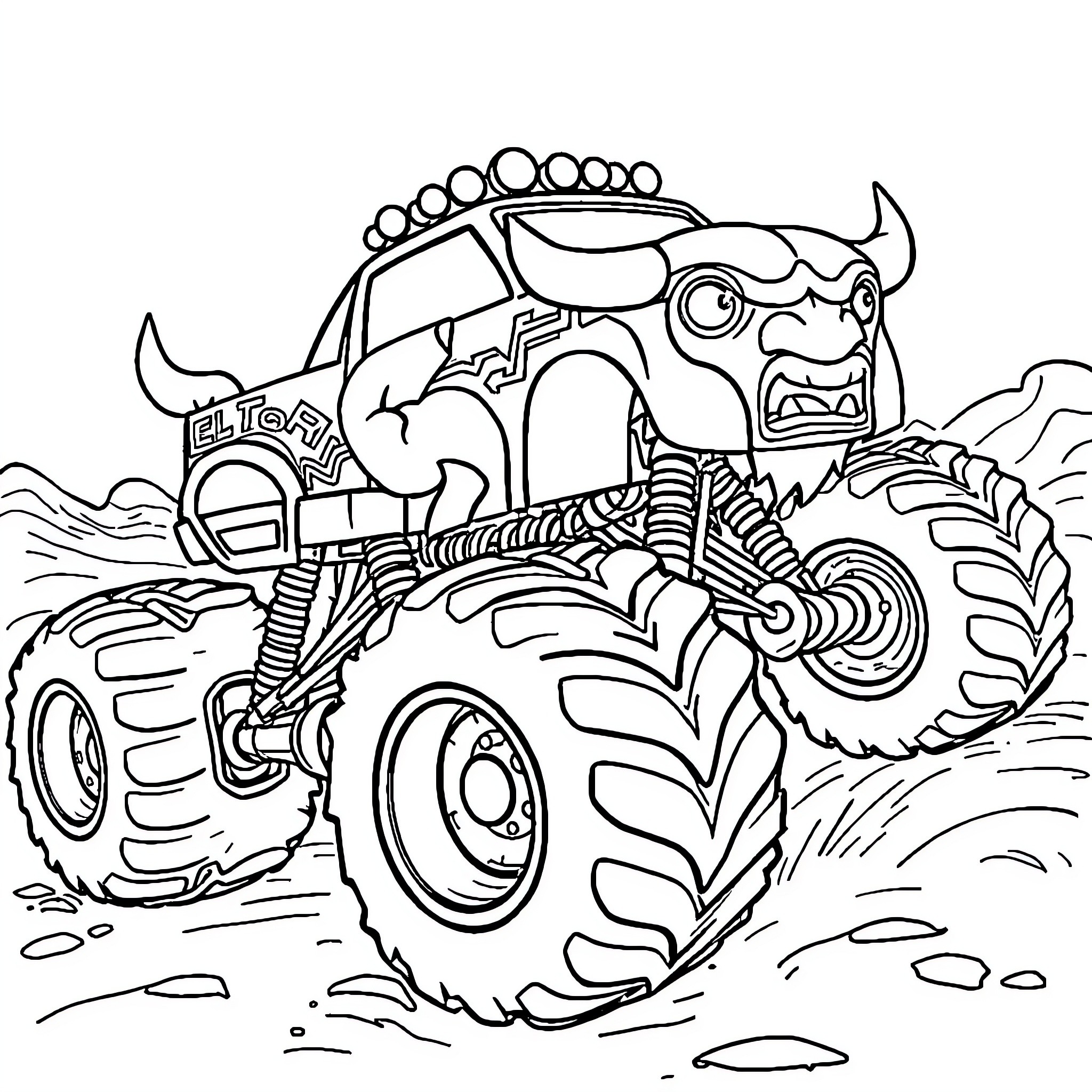 Monstertruck crushing through the terrain Coloring Page (free black-and-white line drawing printable PDF for all, from beginners to advanced learners, including children, teens, adults, and seniors)