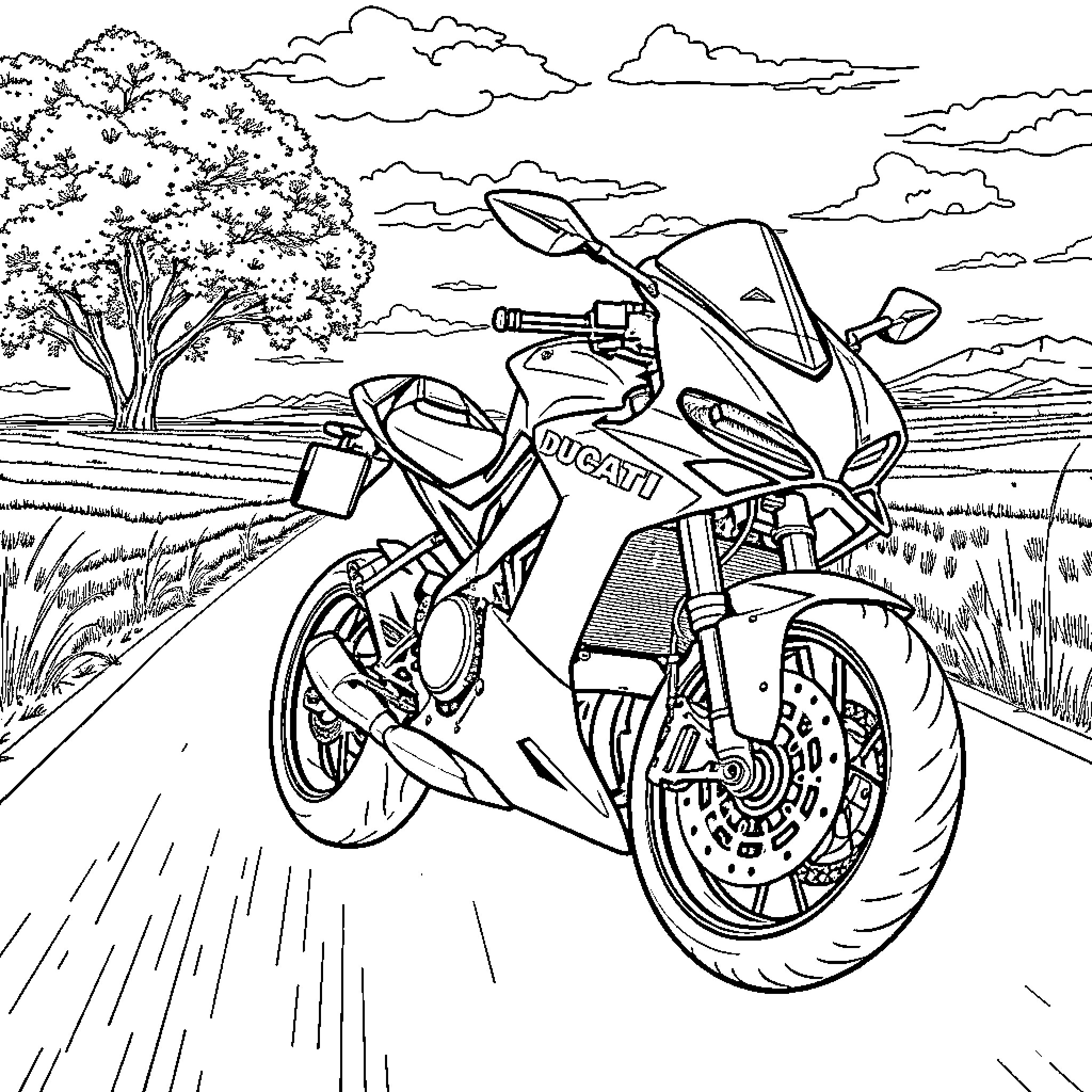 Ducati motorcycle speeding through the countryside Coloring Page (free black-and-white line drawing printable PDF for all, from beginners to advanced learners, including children, teens, adults, and seniors)
