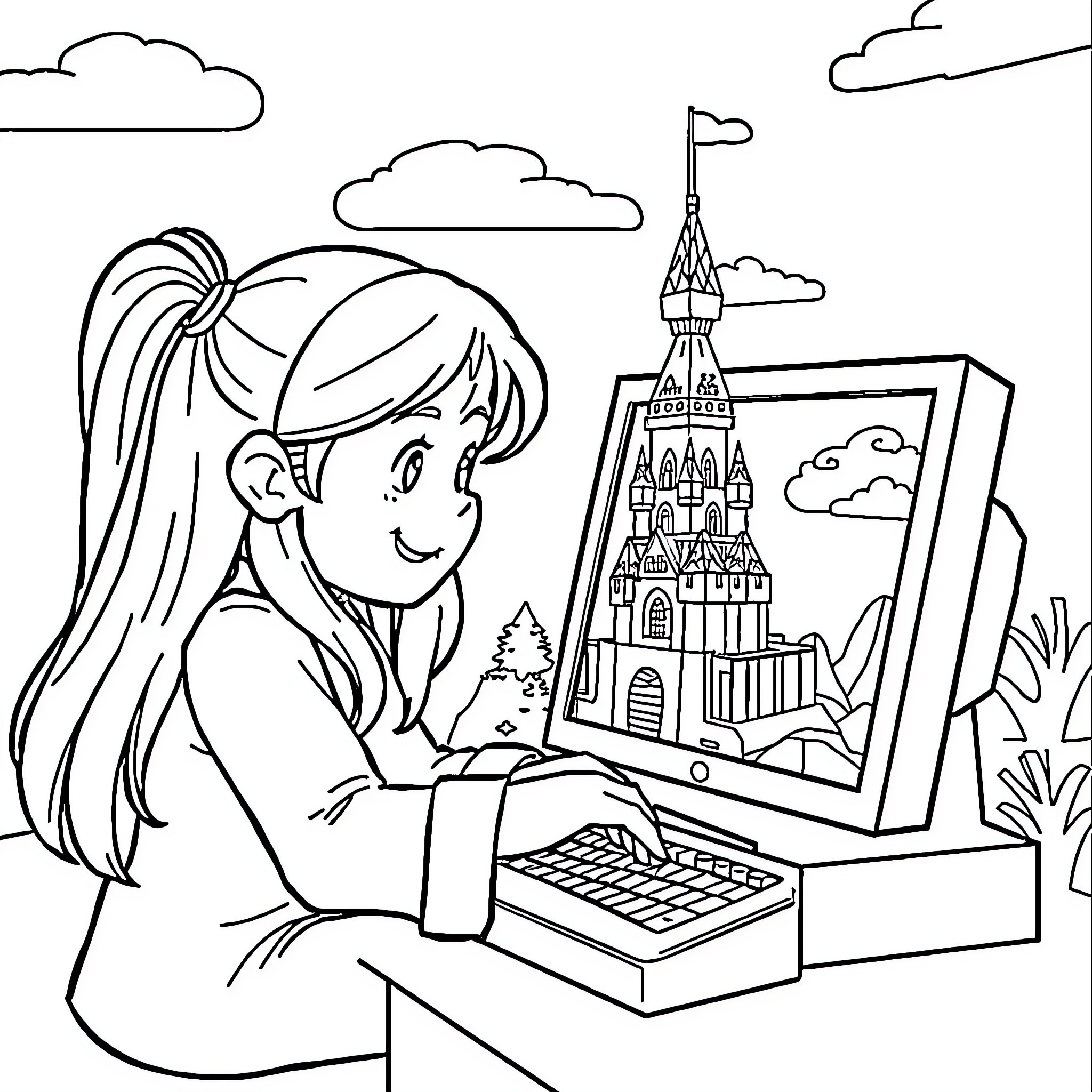 Huntrix's Creative Journey Through the Digital World Coloring Page (free black-and-white line drawing printable PDF for all, from beginners to advanced learners, including children, teens, adults, and seniors)