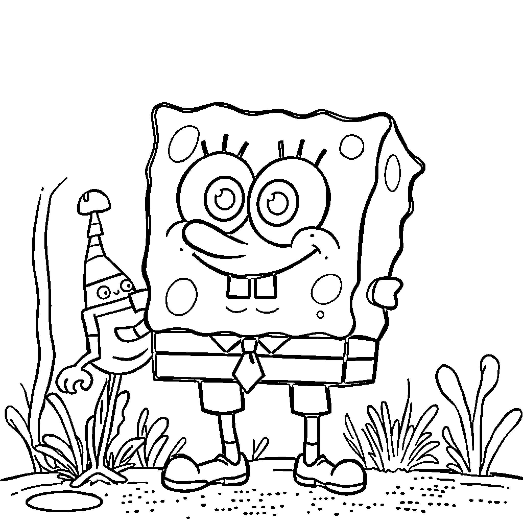 Spongebob enjoying a sunny day in his underwater home Coloring Page (free black-and-white line drawing printable PDF for all, from beginners to advanced learners, including children, teens, adults, and seniors)