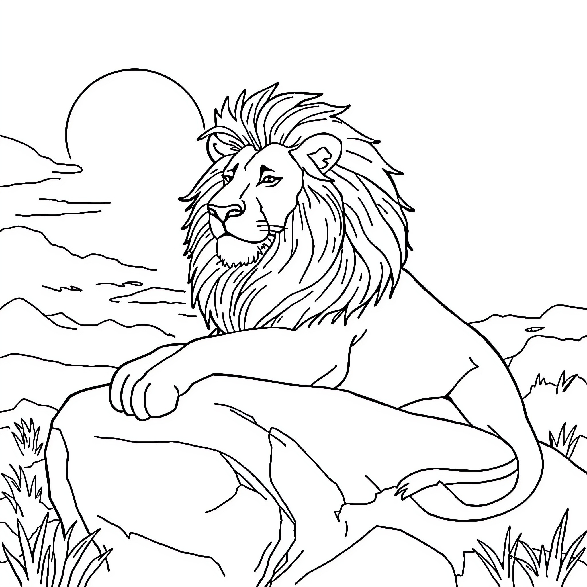Lion resting in the wild landscape Coloring Page (free black-and-white line drawing printable PDF for all, from beginners to advanced learners, including children, teens, adults, and seniors)