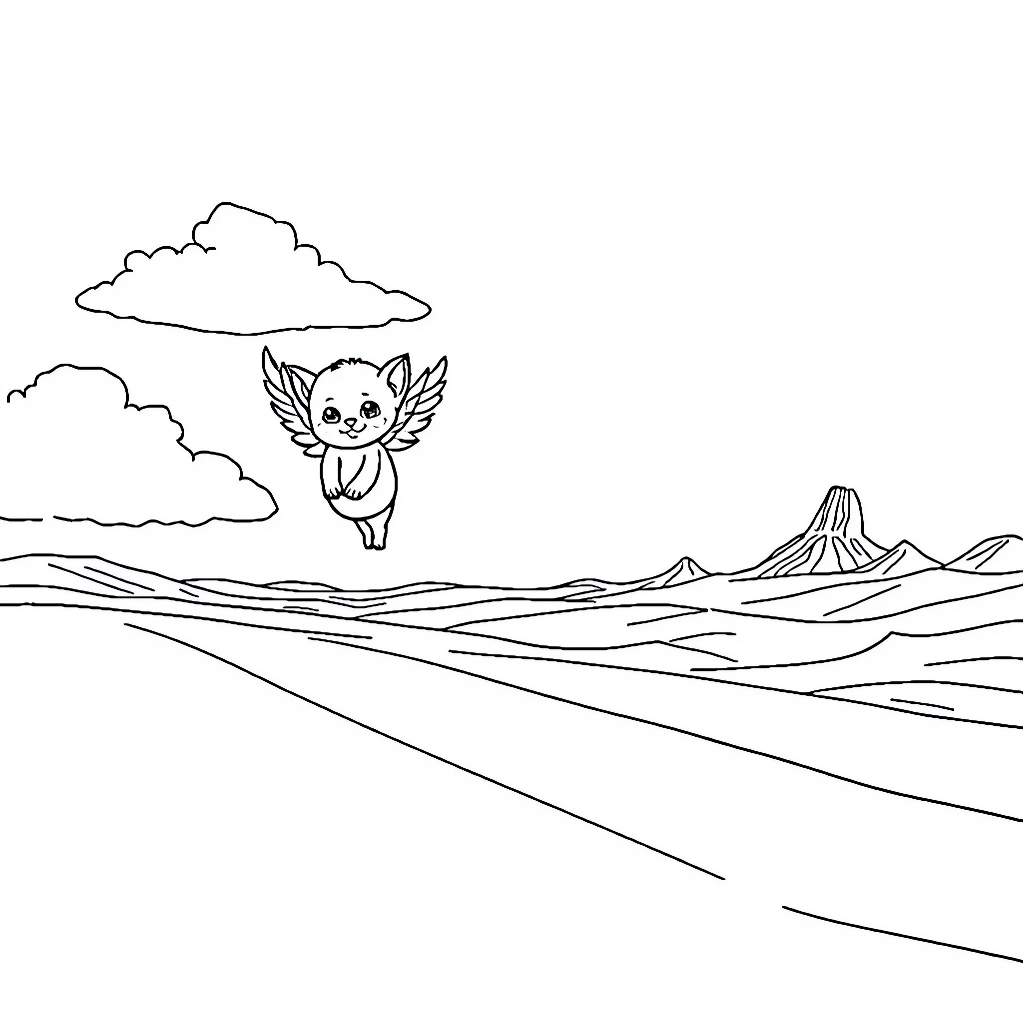 Kitten soaring through the sky Coloring Page (free black-and-white line drawing printable PDF for all, from beginners to advanced learners, including children, teens, adults, and seniors)