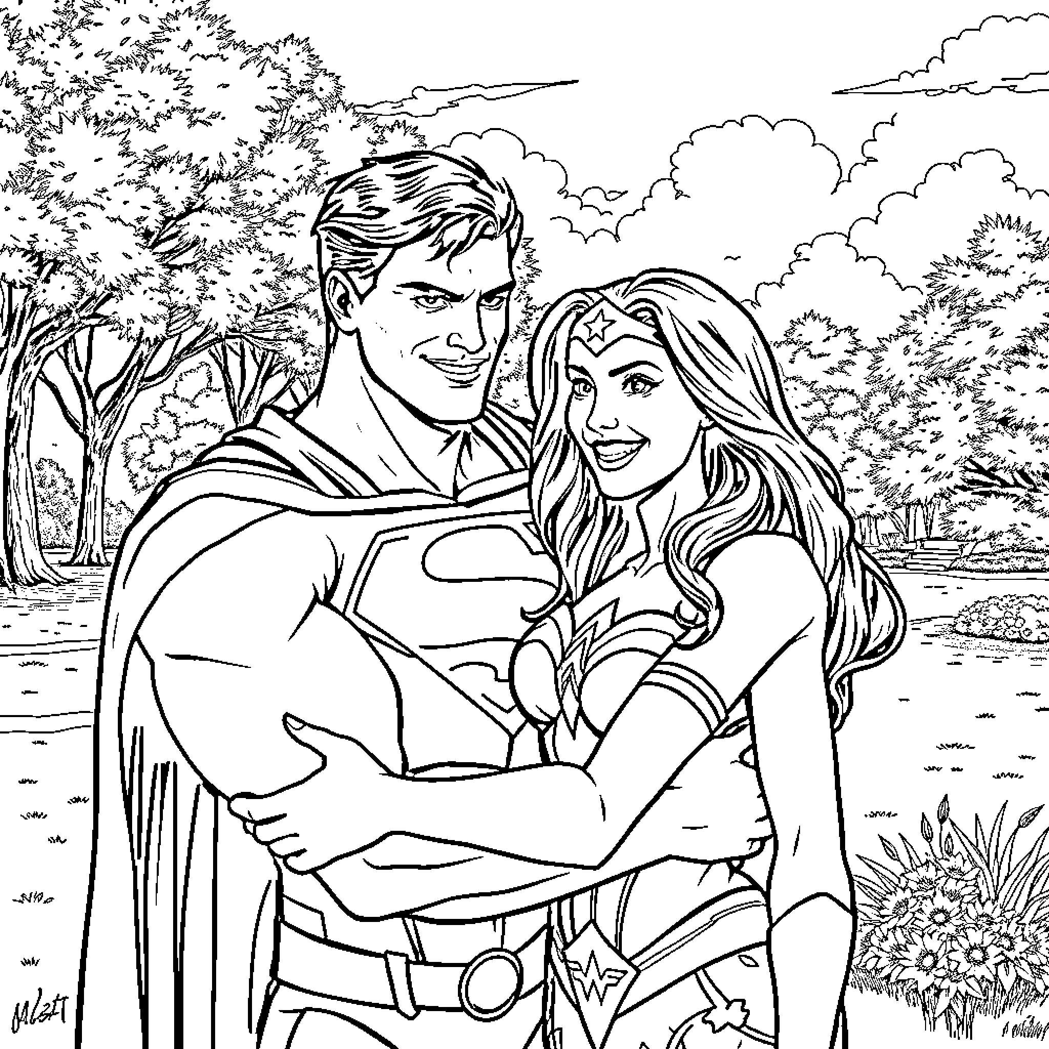 Superman and Wonder Woman in a romantic embrace Coloring Page (free black-and-white line drawing printable PDF for all, from beginners to advanced learners, including children, teens, adults, and seniors)