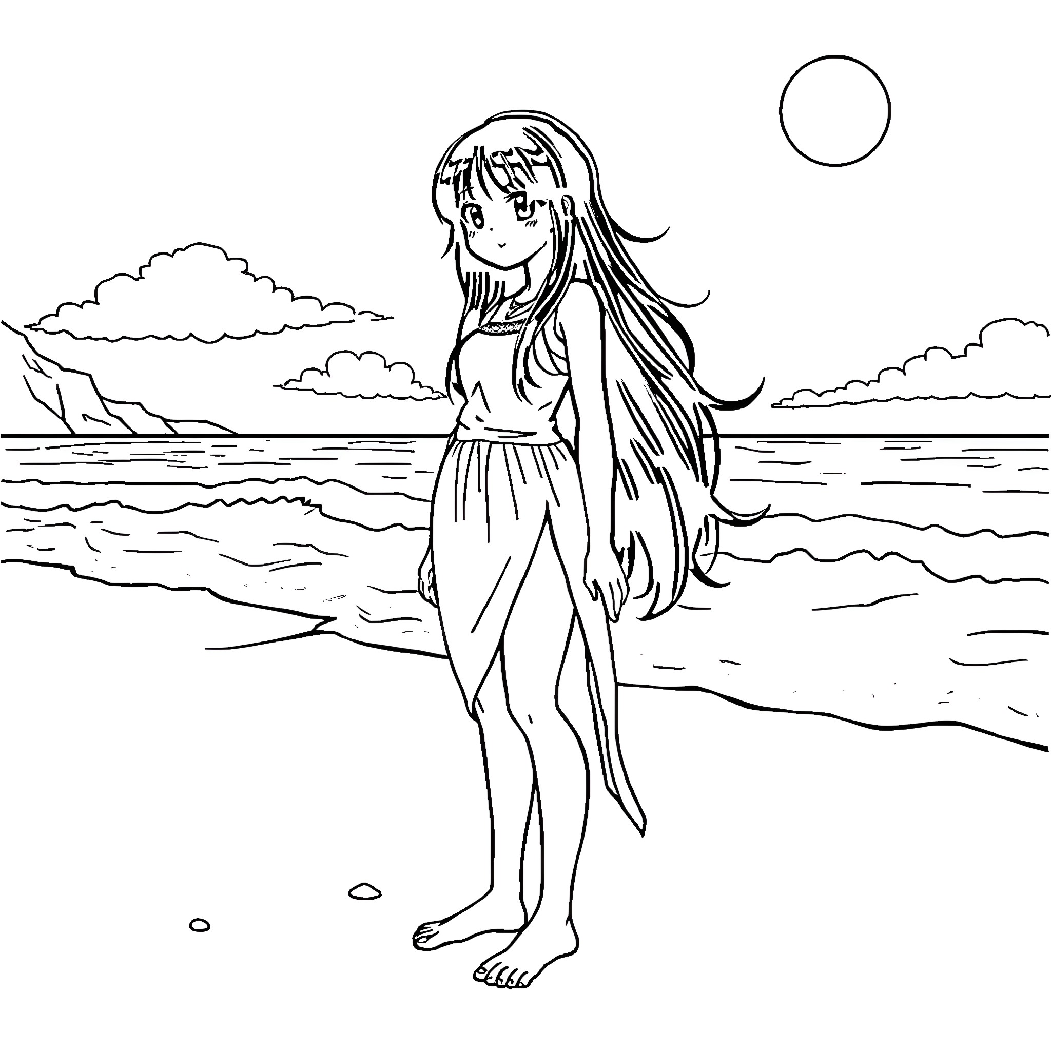 Rukia standing on the beach with flowing hair Coloring Page (free black-and-white line drawing printable PDF for all, from beginners to advanced learners, including children, teens, adults, and seniors)