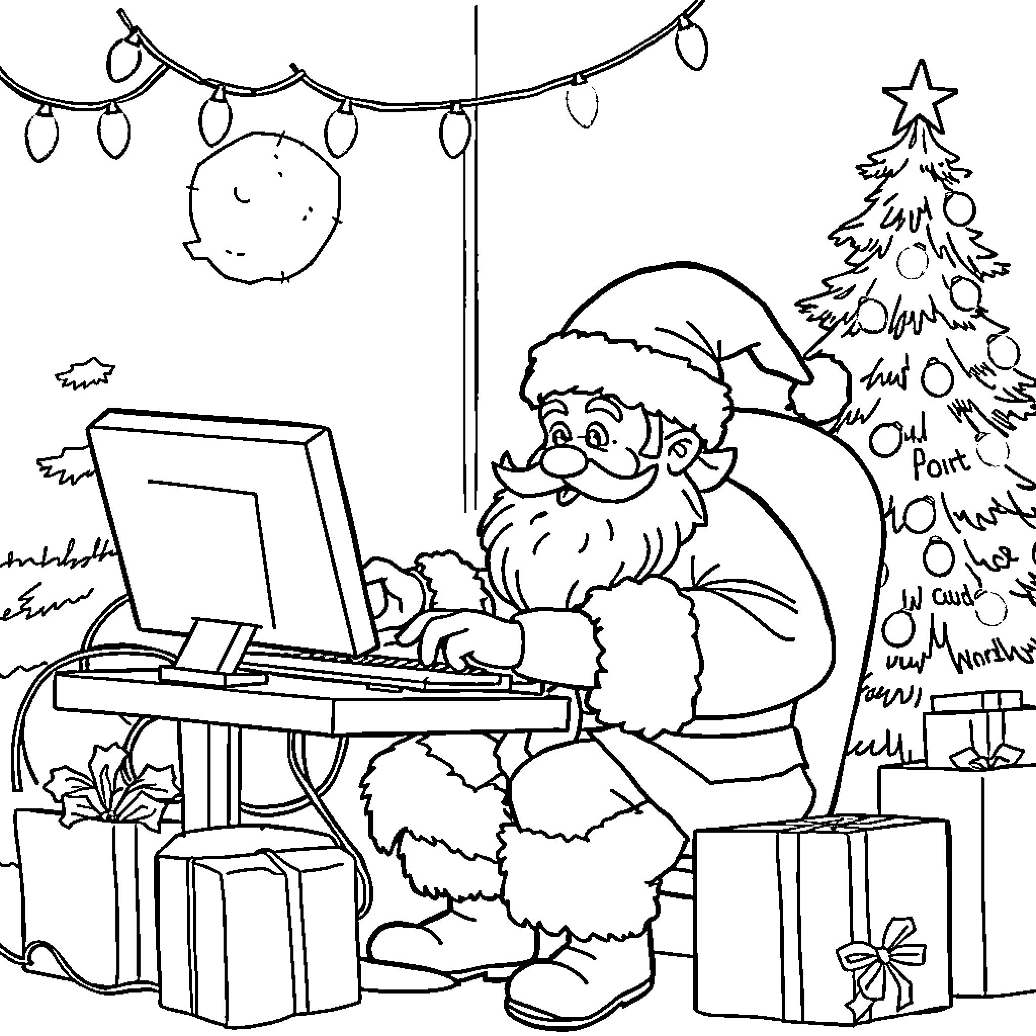 Santa Claus working on a computer with Christmas decorations Coloring Page (free black-and-white line drawing printable PDF for all, from beginners to advanced learners, including children, teens, adults, and seniors)