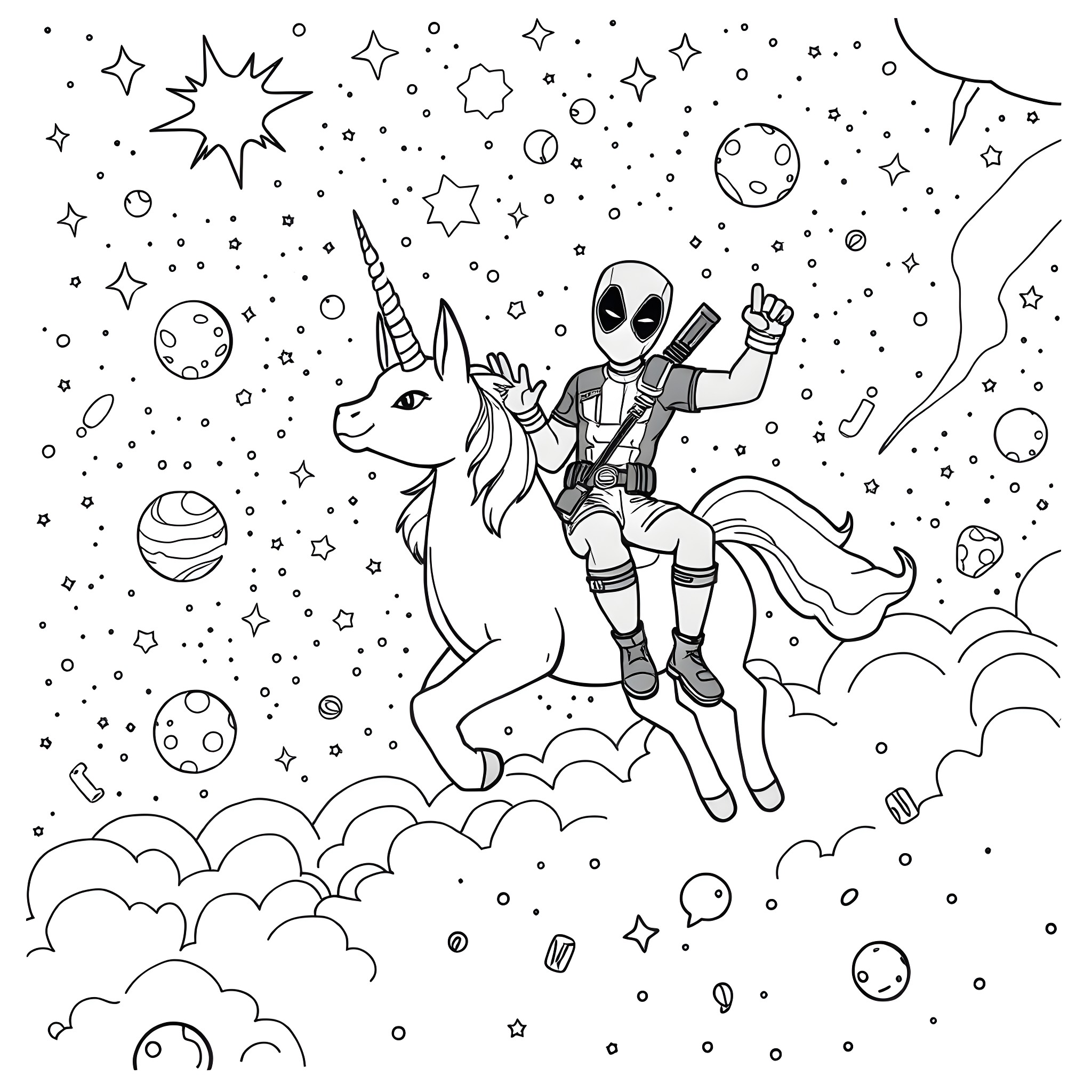 Deadpool riding a unicorn in a fantastical space scene Coloring Page (free black-and-white line drawing printable PDF for all, from beginners to advanced learners, including children, teens, adults, and seniors)