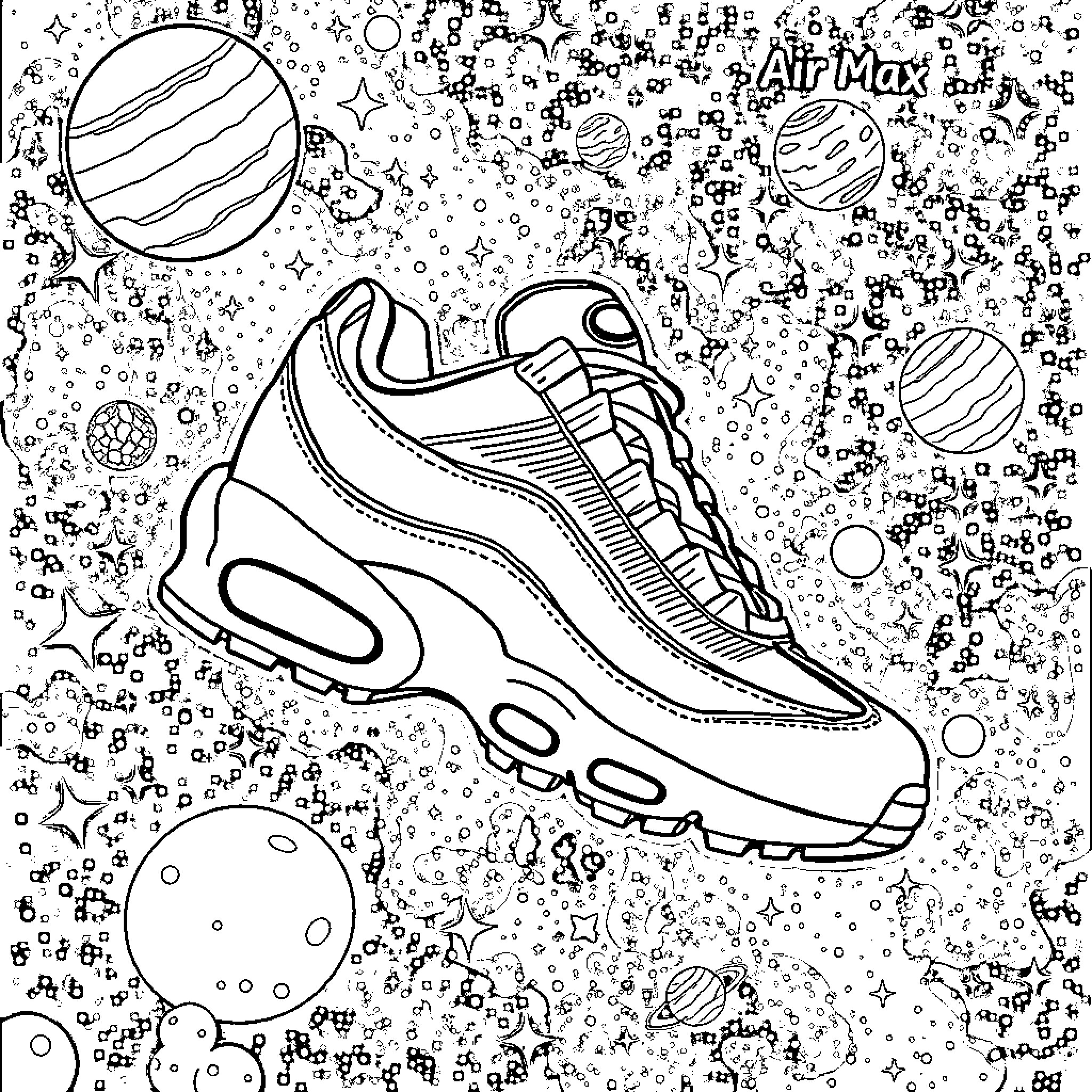 Nike Air Max 95 Cosmic Space Exploration Coloring Page (free black-and-white line drawing printable PDF for all, from beginners to advanced learners, including children, teens, adults, and seniors)