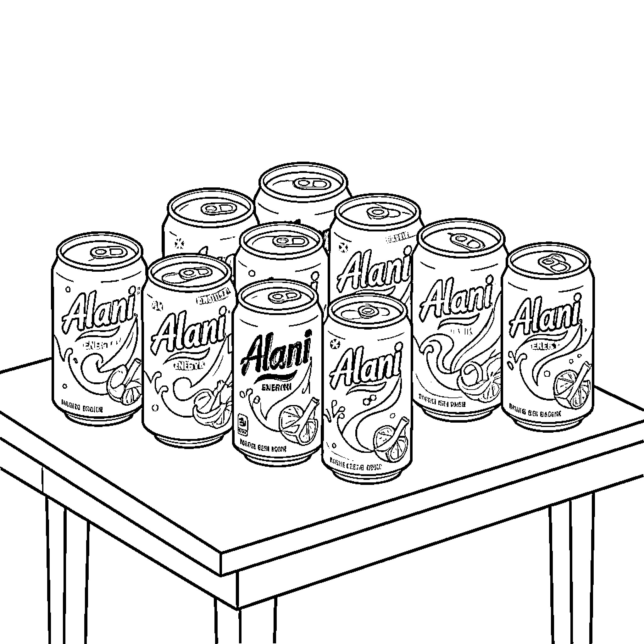 Energy Drink cans on a table Coloring Page (free black-and-white line drawing printable PDF for all, from beginners to advanced learners, including children, teens, adults, and seniors)