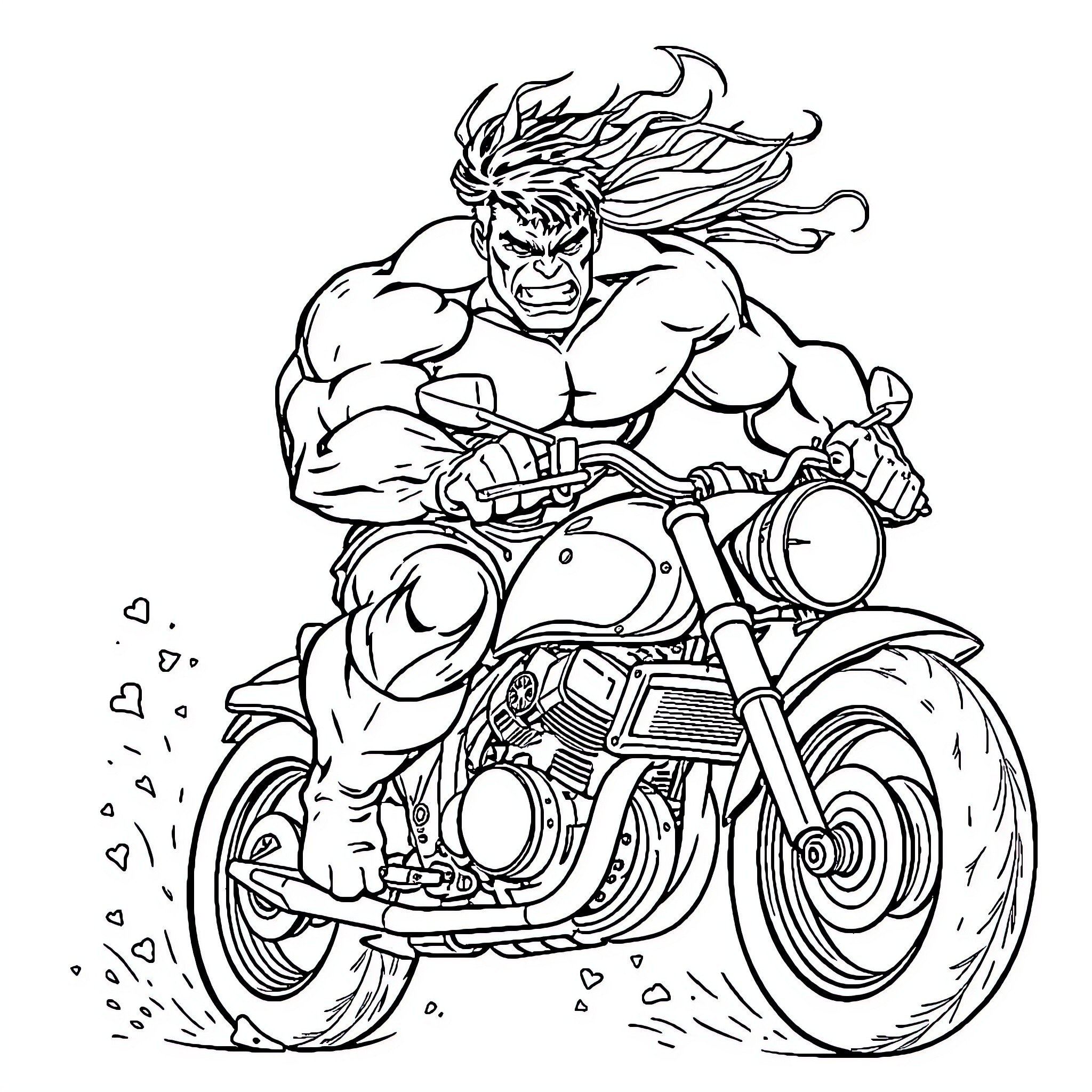 Hulk Riding Powerful Motorcycle with Fierce Expression Coloring Page (free black-and-white line drawing printable PDF for all, from beginners to advanced learners, including children, teens, adults, and seniors)