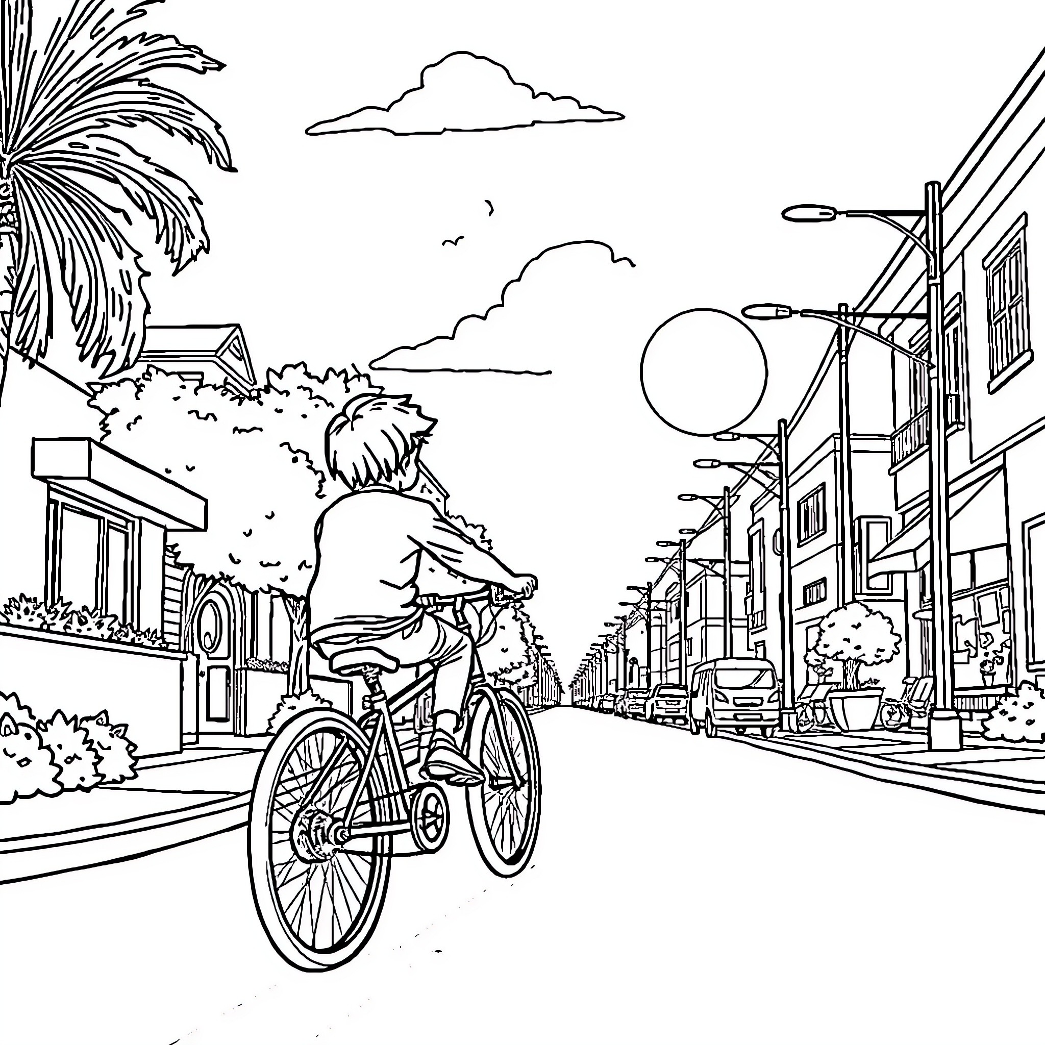 Boy riding bicycle down town street Coloring Page (free black-and-white line drawing printable PDF for all, from beginners to advanced learners, including children, teens, adults, and seniors)