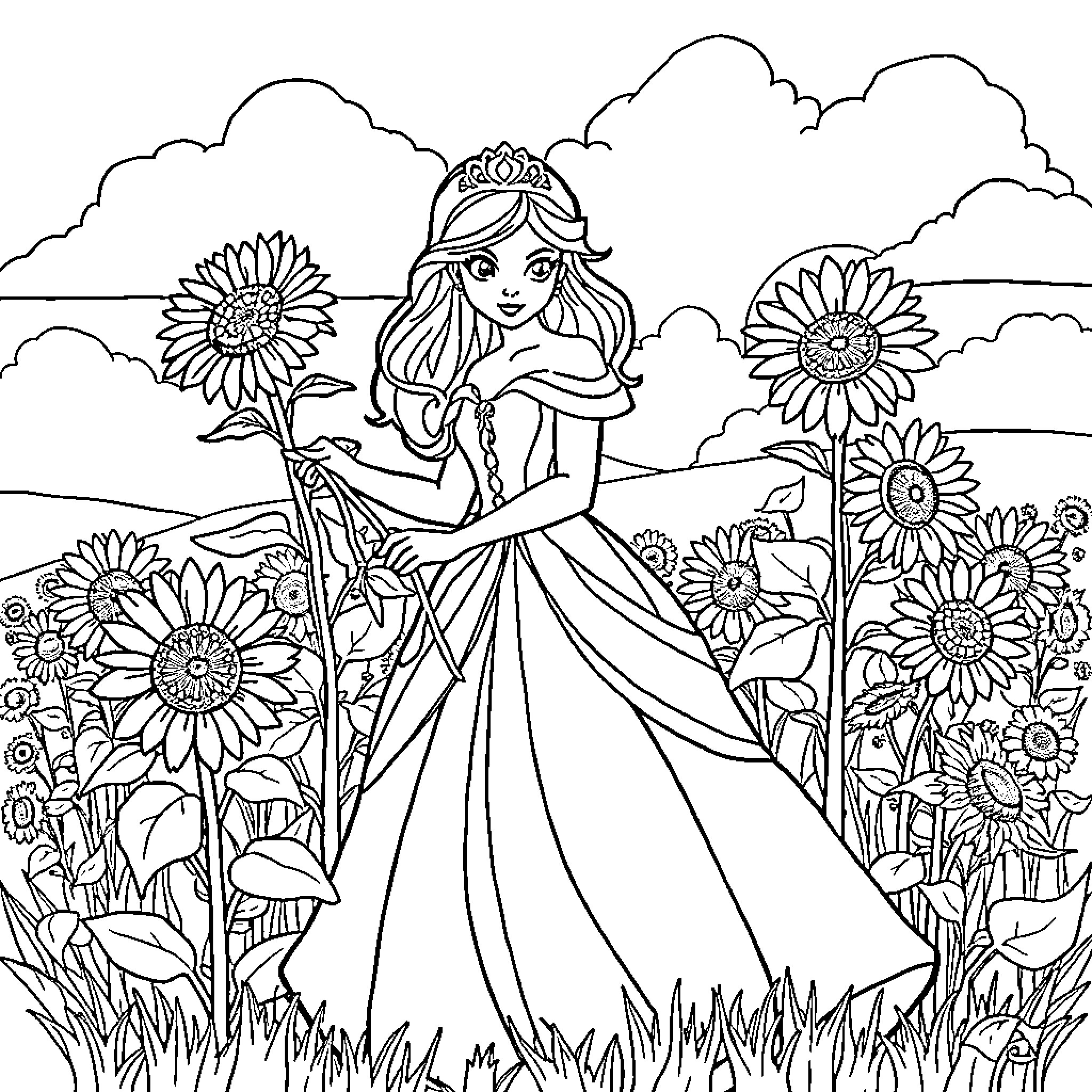 Princess in Serene Sunflower Garden Coloring Page (free black-and-white line drawing printable PDF for all, from beginners to advanced learners, including children, teens, adults, and seniors)