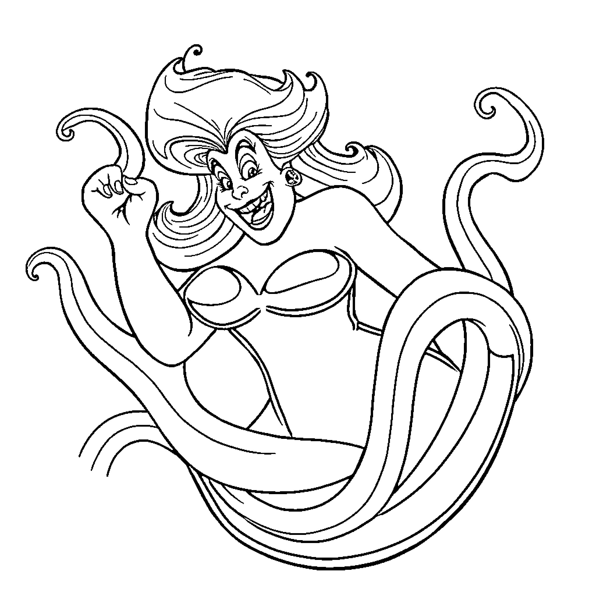 Ursula the Joyful Mermaid Coloring Page (free black-and-white line drawing printable PDF for all, from beginners to advanced learners, including children, teens, adults, and seniors)