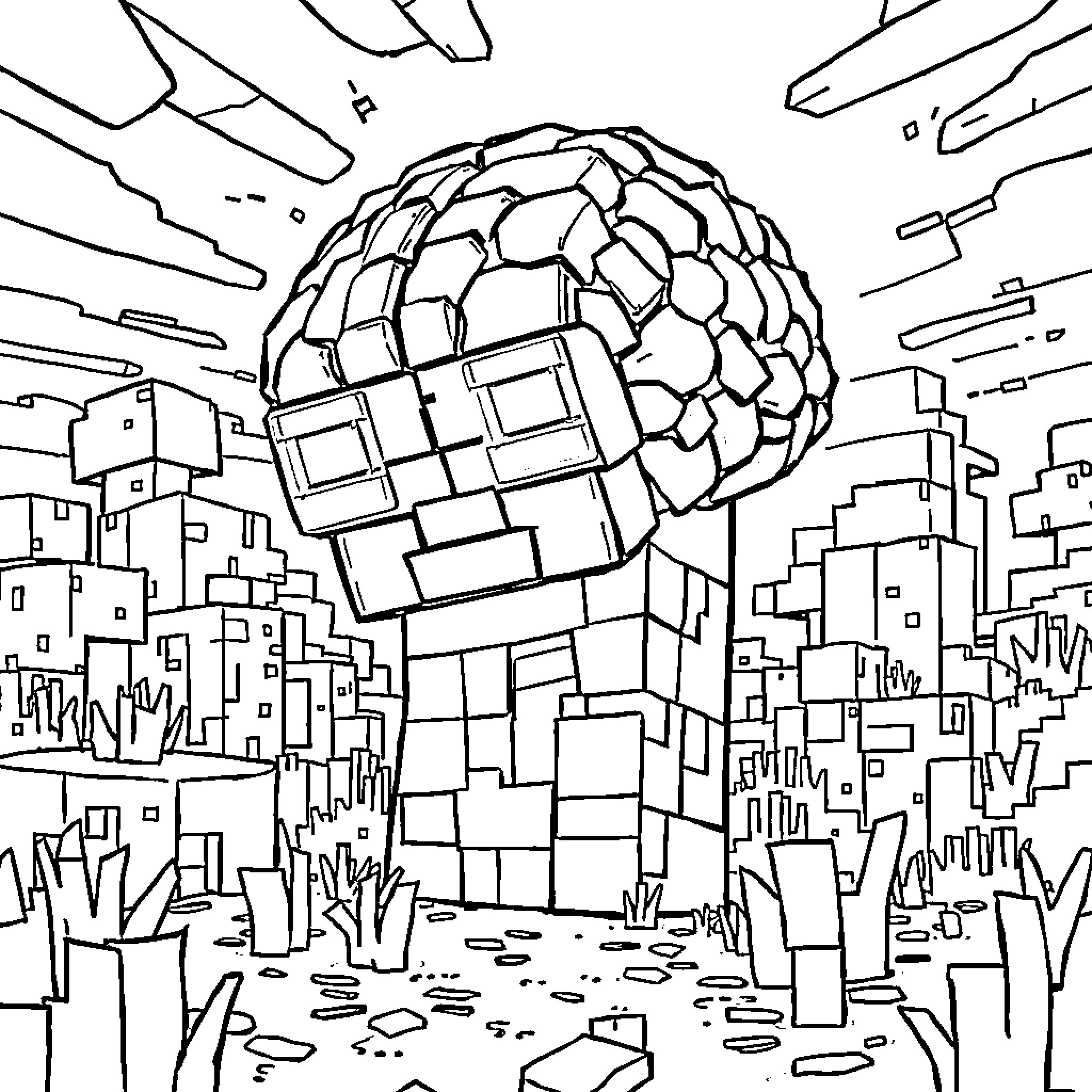 Herobrain Navigating a Futuristic City Landscape Coloring Page (free black-and-white line drawing printable PDF for all, from beginners to advanced learners, including children, teens, adults, and seniors)