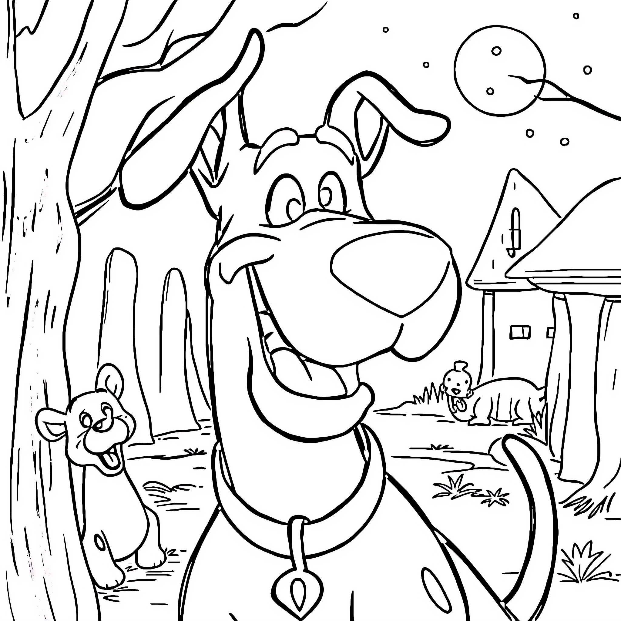 Scooby Doo and friends enjoying the outdoors Coloring Page (free black-and-white line drawing printable PDF for all, from beginners to advanced learners, including children, teens, adults, and seniors)