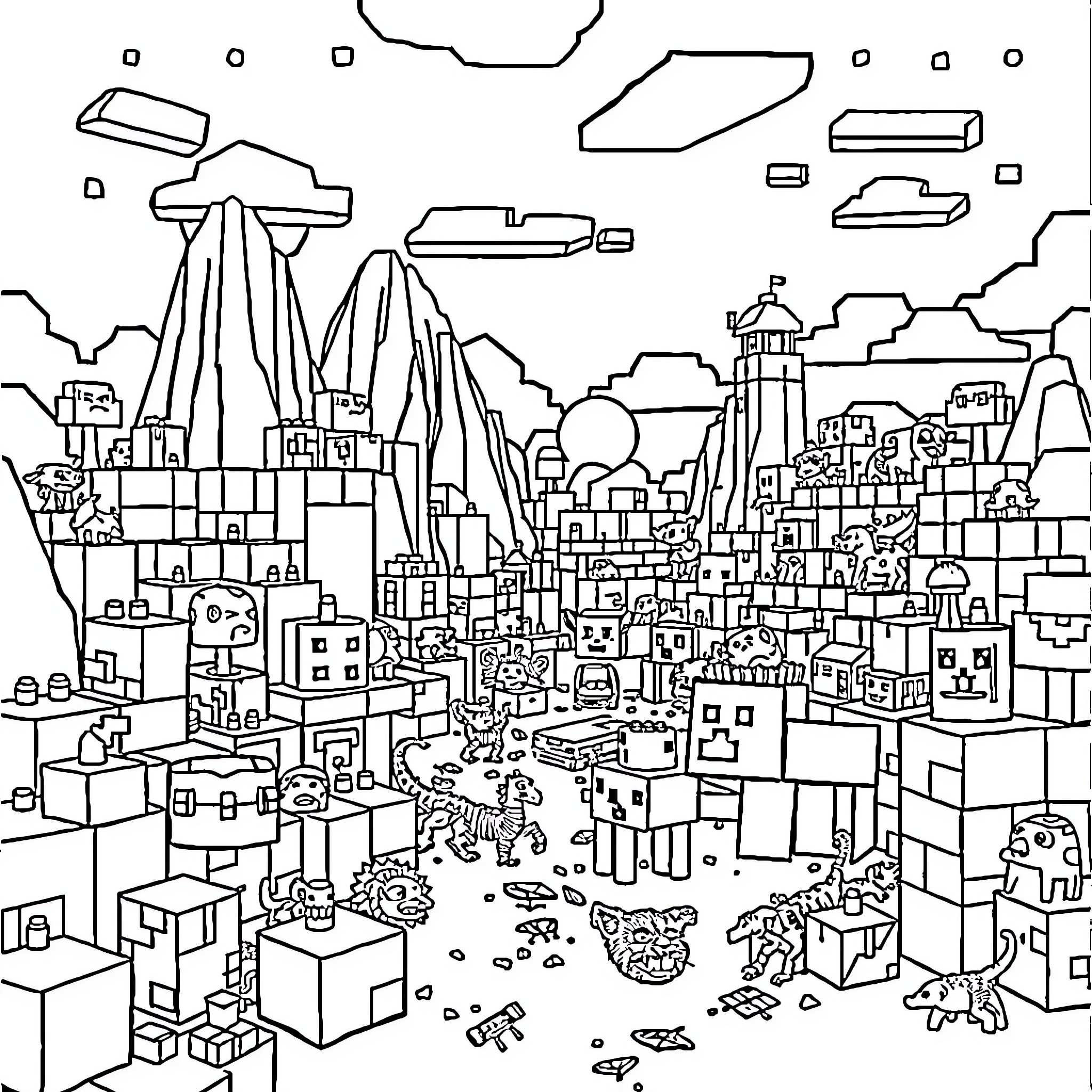 Minecraft: Diverse Structures and Creatures in a Blocky Landscape Coloring Page (free black-and-white line drawing printable PDF for all, from beginners to advanced learners, including children, teens, adults, and seniors)