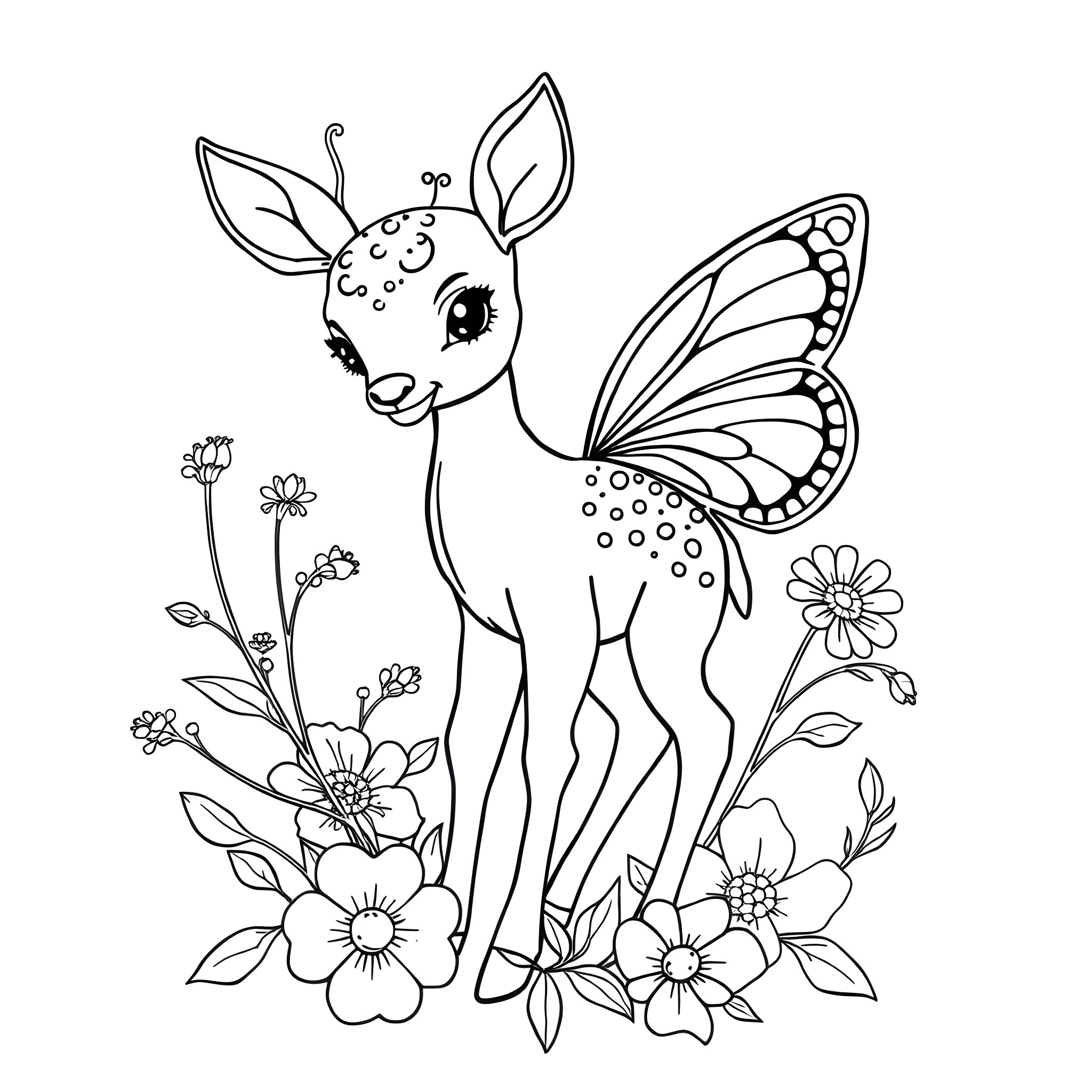 Deer with butterfly wings in a floral field Coloring Page (free black-and-white line drawing printable PDF for all, from beginners to advanced learners, including children, teens, adults, and seniors)