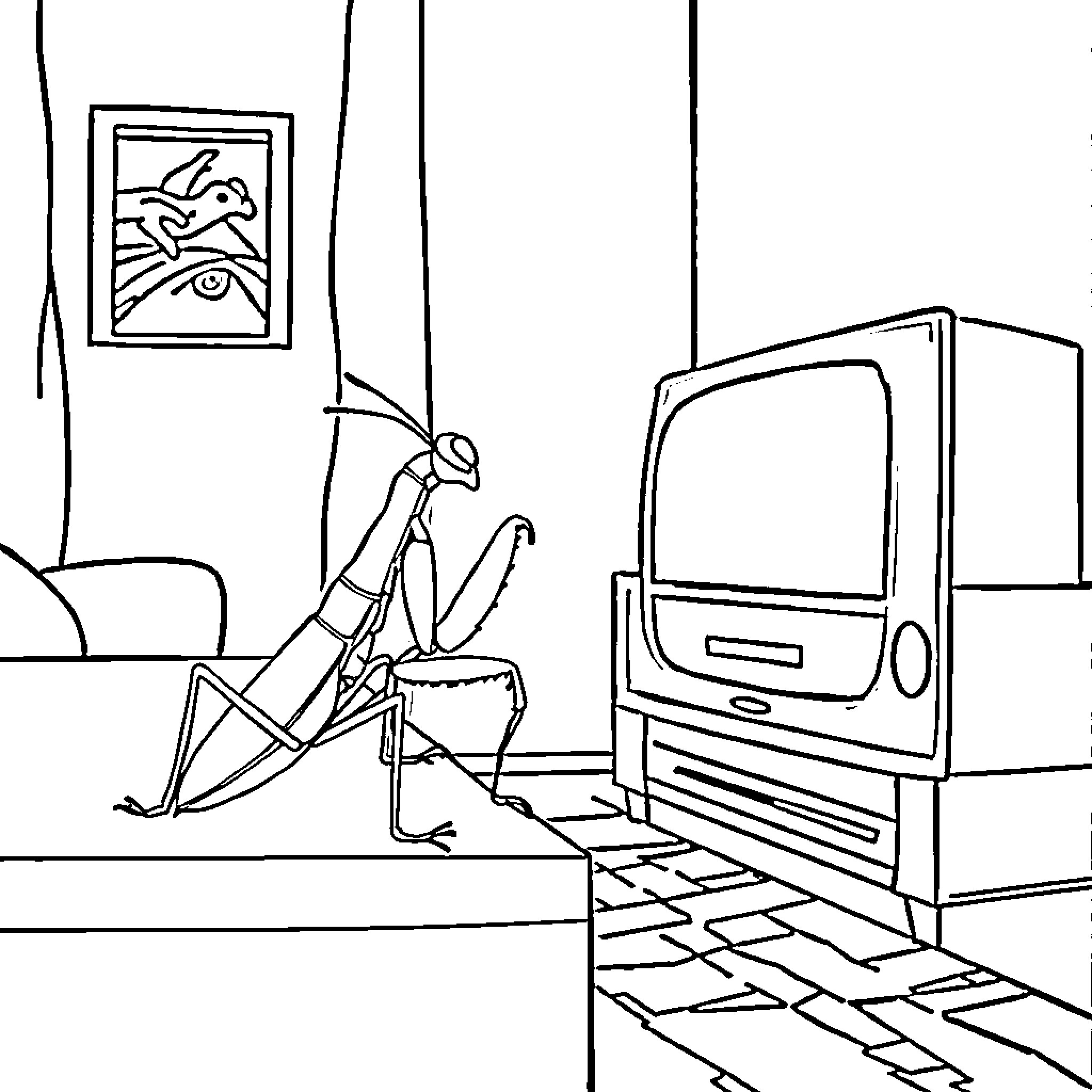 Praying Mantis relaxing in front of television Coloring Page (free black-and-white line drawing printable PDF for all, from beginners to advanced learners, including children, teens, adults, and seniors)