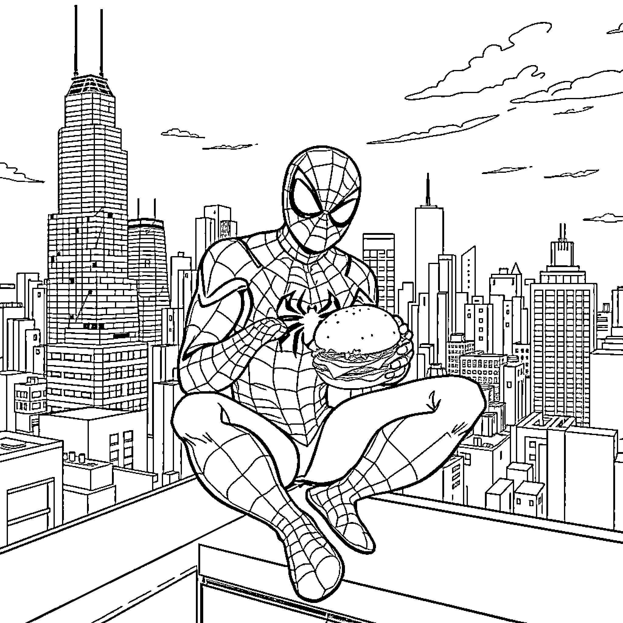 Spider-Man enjoying a quick snack in the city Coloring Page (free black-and-white line drawing printable PDF for all, from beginners to advanced learners, including children, teens, adults, and seniors)