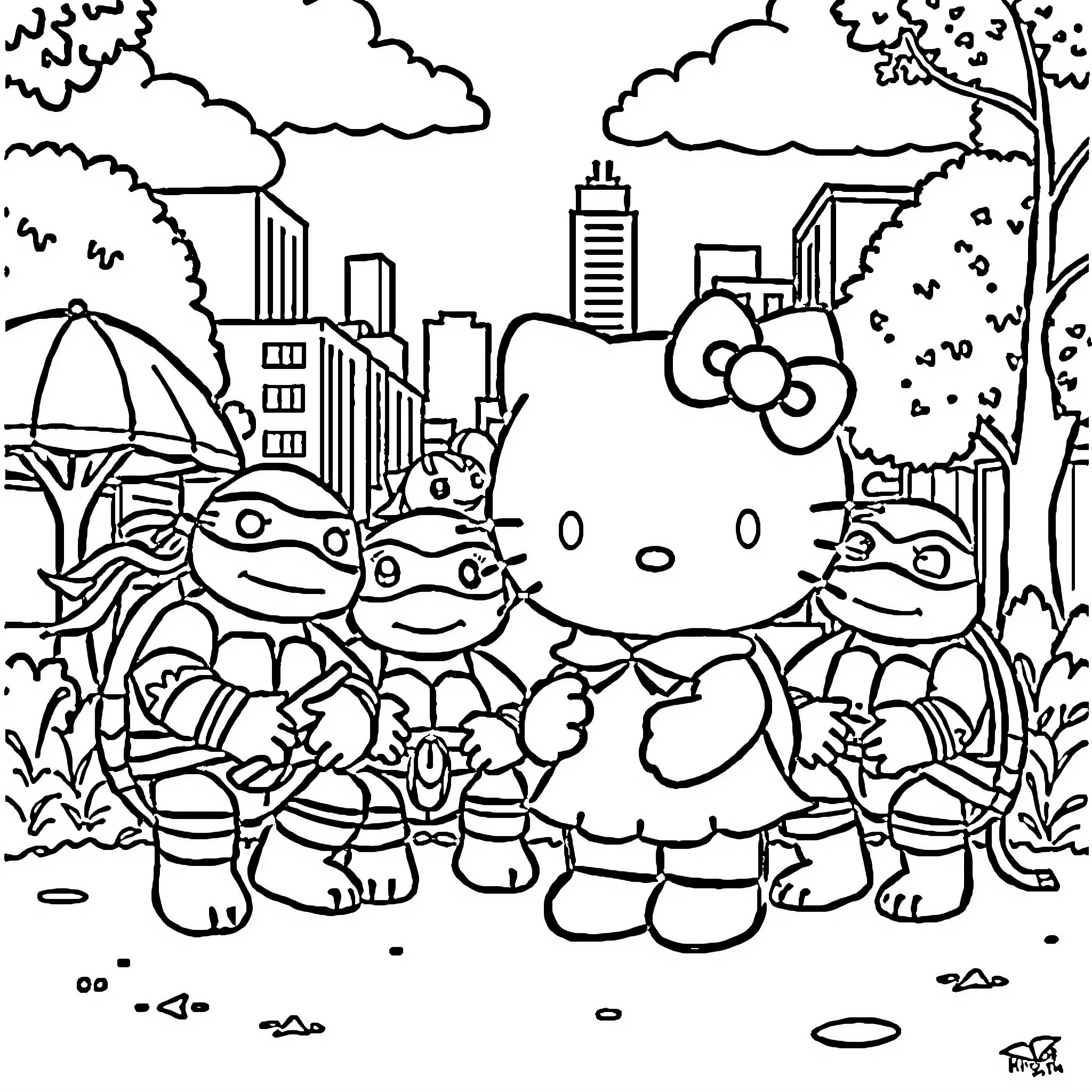 Hello Kitty and Teenage Mutant Ninja Turtles in the City Coloring Page (free black-and-white line drawing printable PDF for all, from beginners to advanced learners, including children, teens, adults, and seniors)