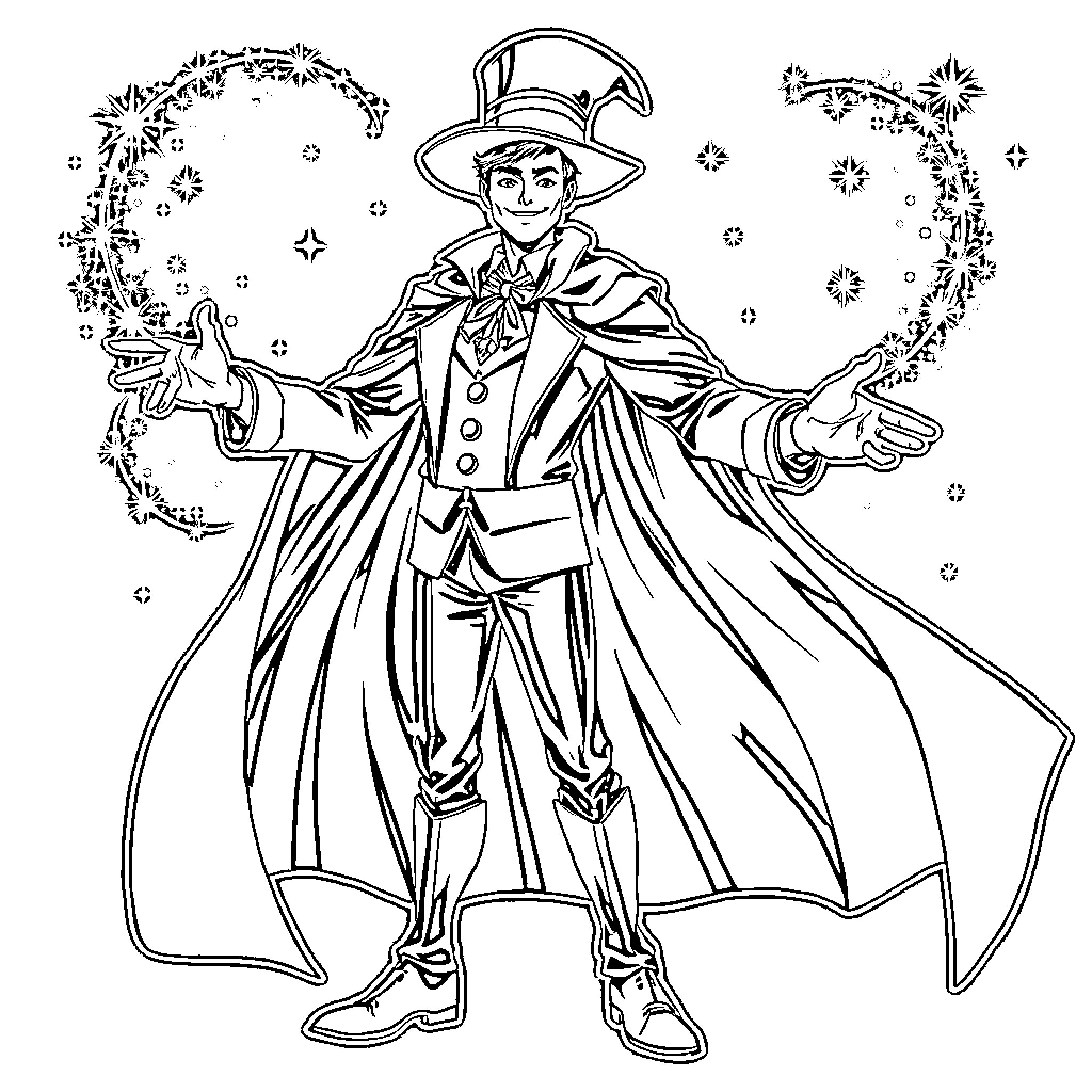 Magician performing magical tricks with swirling effects Coloring Page (free black-and-white line drawing printable PDF for all, from beginners to advanced learners, including children, teens, adults, and seniors)