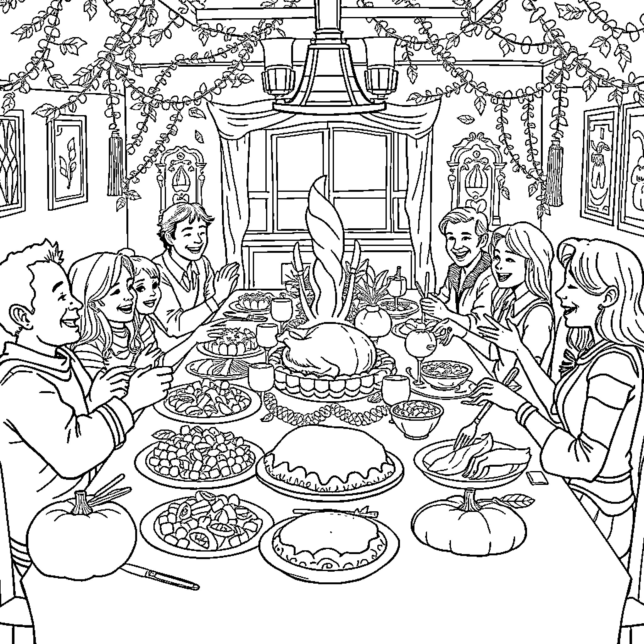 Thanksgiving Gathering with Family and Festive Feast Coloring Page (free black-and-white line drawing printable PDF for all, from beginners to advanced learners, including children, teens, adults, and seniors)