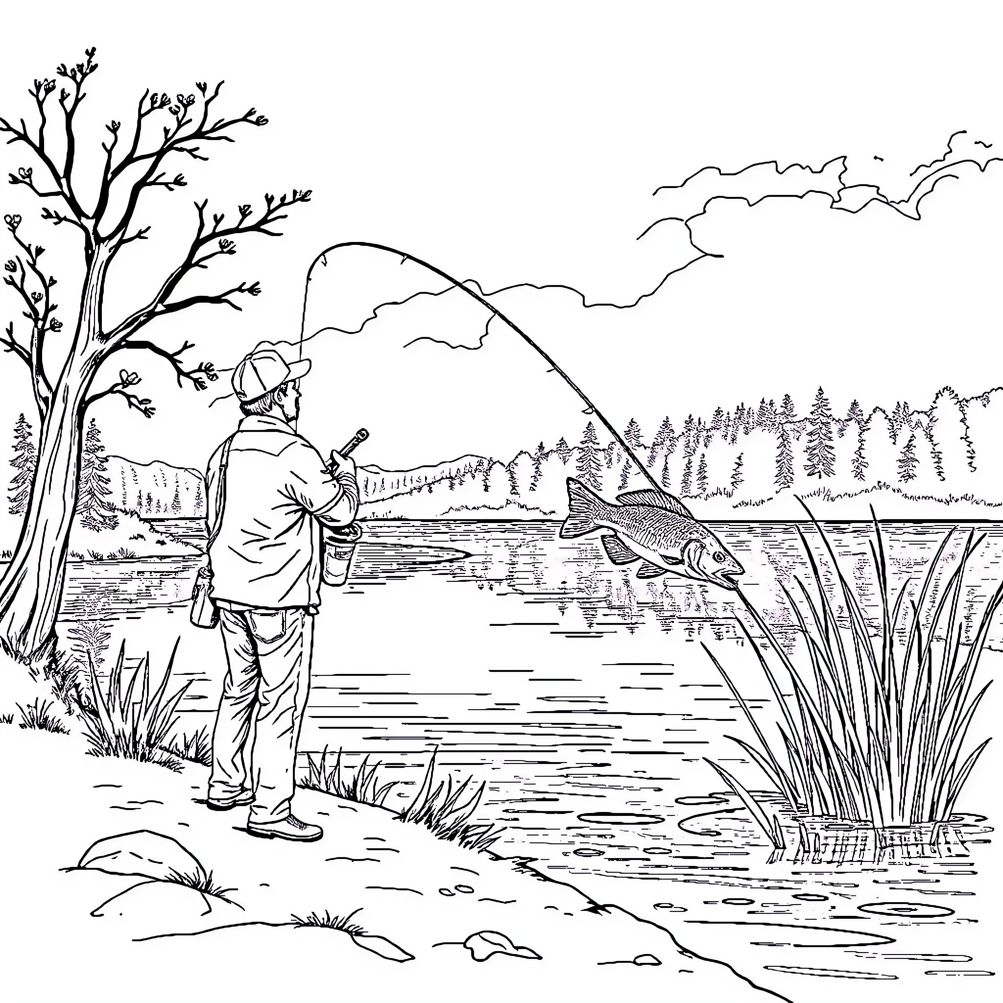 Fisherman casting line by serene lake in nature Coloring Page (free black-and-white line drawing printable PDF for all, from beginners to advanced learners, including children, teens, adults, and seniors)