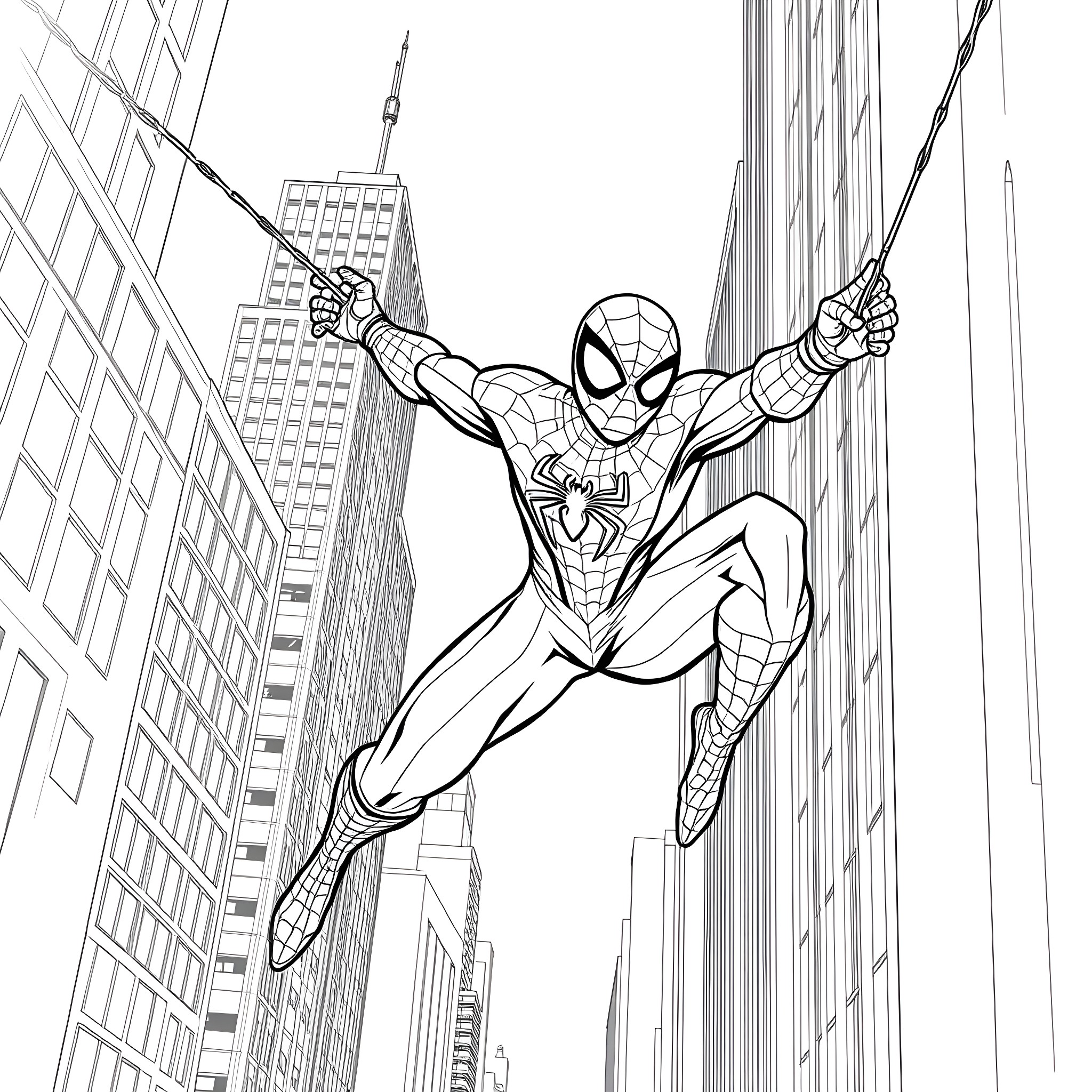 Spider-Man swinging through the city Coloring Page (free black-and-white line drawing printable PDF for all, from beginners to advanced learners, including children, teens, adults, and seniors)
