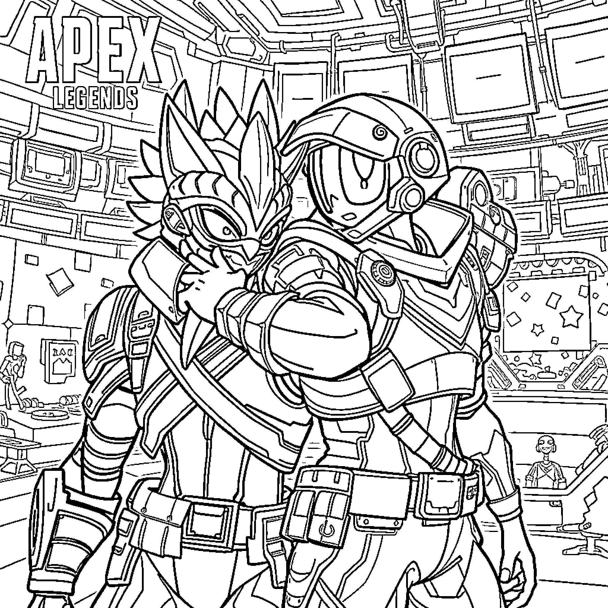 Mirage of Apex Legends characters in action Coloring Page (free black-and-white line drawing printable PDF for all, from beginners to advanced learners, including children, teens, adults, and seniors)