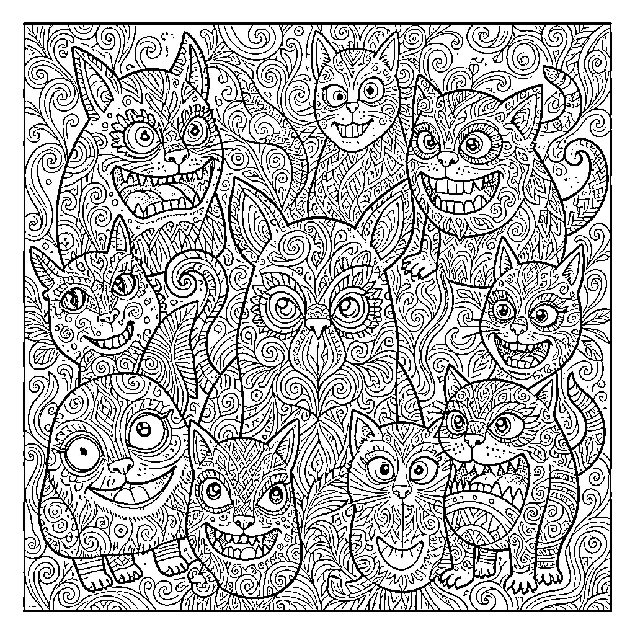 Monster cats with joyful expressions and whimsical patterns Coloring Page (free black-and-white line drawing printable PDF for all, from beginners to advanced learners, including children, teens, adults, and seniors)
