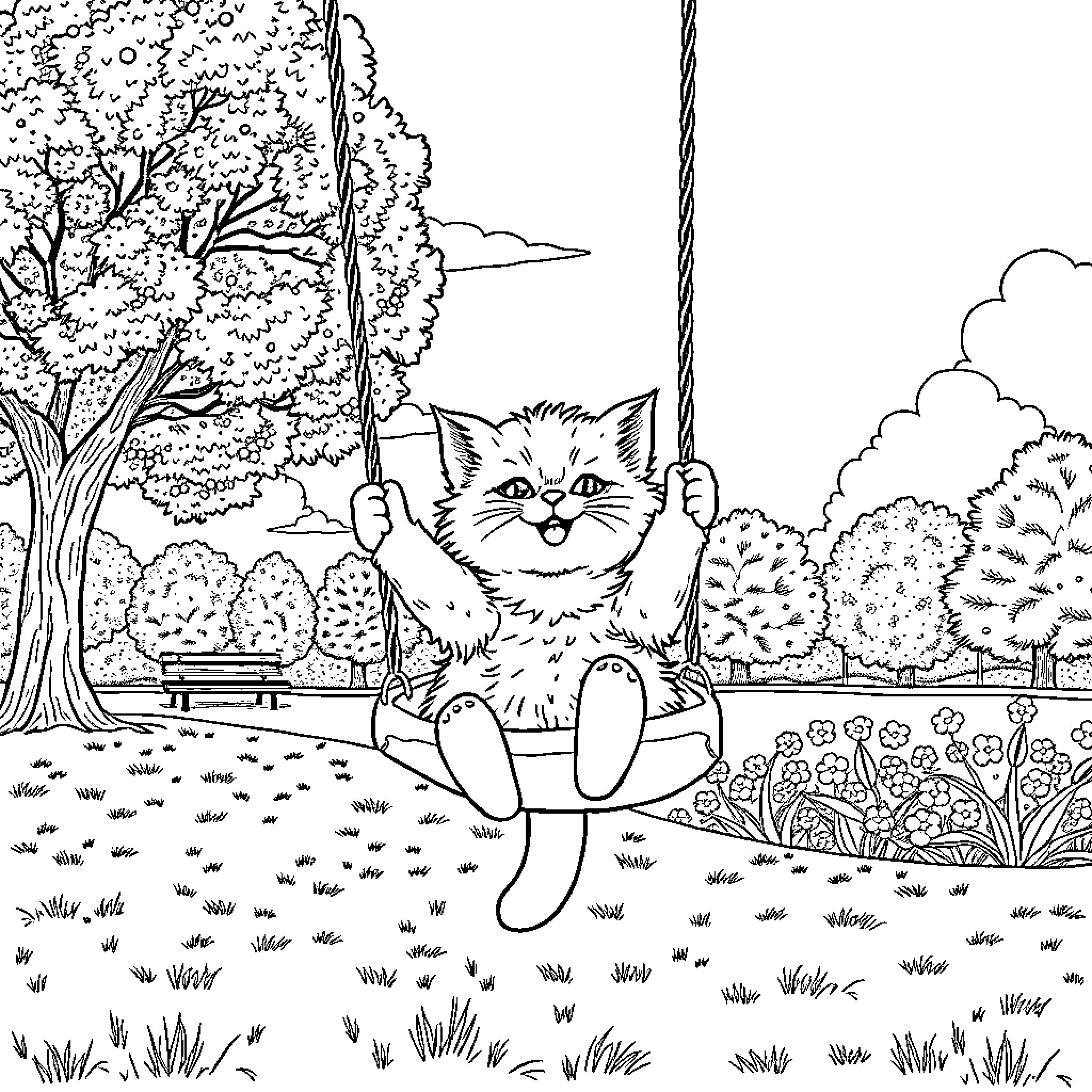 Cat enjoying a swing in the park Coloring Page (free black-and-white line drawing printable PDF for all, from beginners to advanced learners, including children, teens, adults, and seniors)