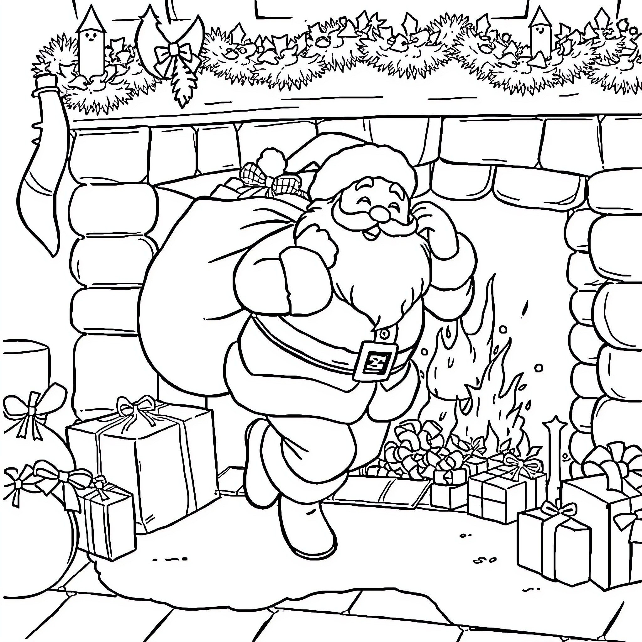 Père Noël resting by the fireplace with gifts Coloring Page (free black-and-white line drawing printable PDF for all, from beginners to advanced learners, including children, teens, adults, and seniors)