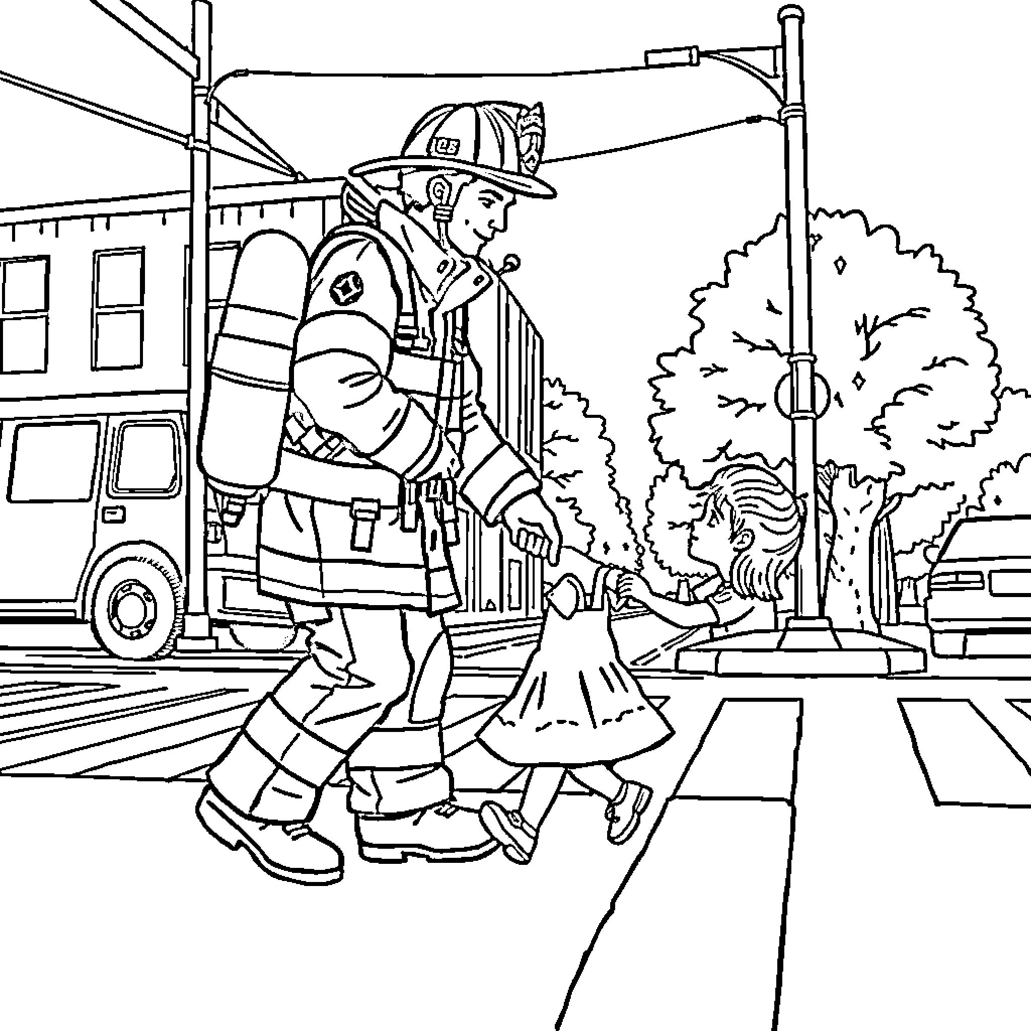 Firefighter responding to emergency call Coloring Page (free black-and-white line drawing printable PDF for all, from beginners to advanced learners, including children, teens, adults, and seniors)