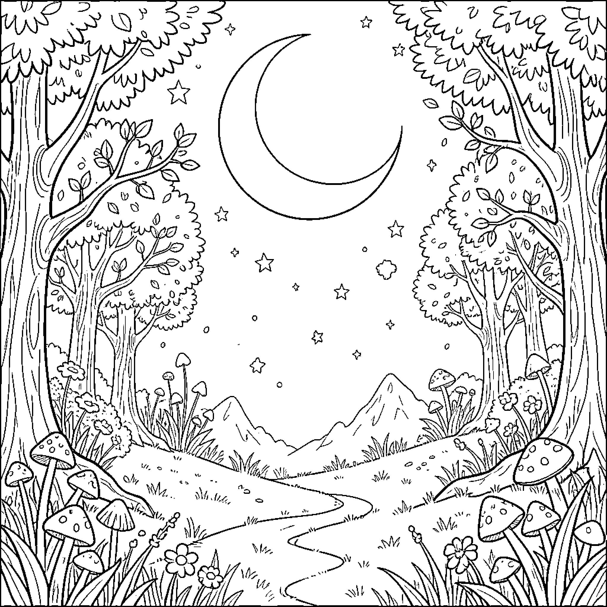 Magic Forest Landscape Under the Starry Night Sky Coloring Page (free black-and-white line drawing printable PDF for all, from beginners to advanced learners, including children, teens, adults, and seniors)