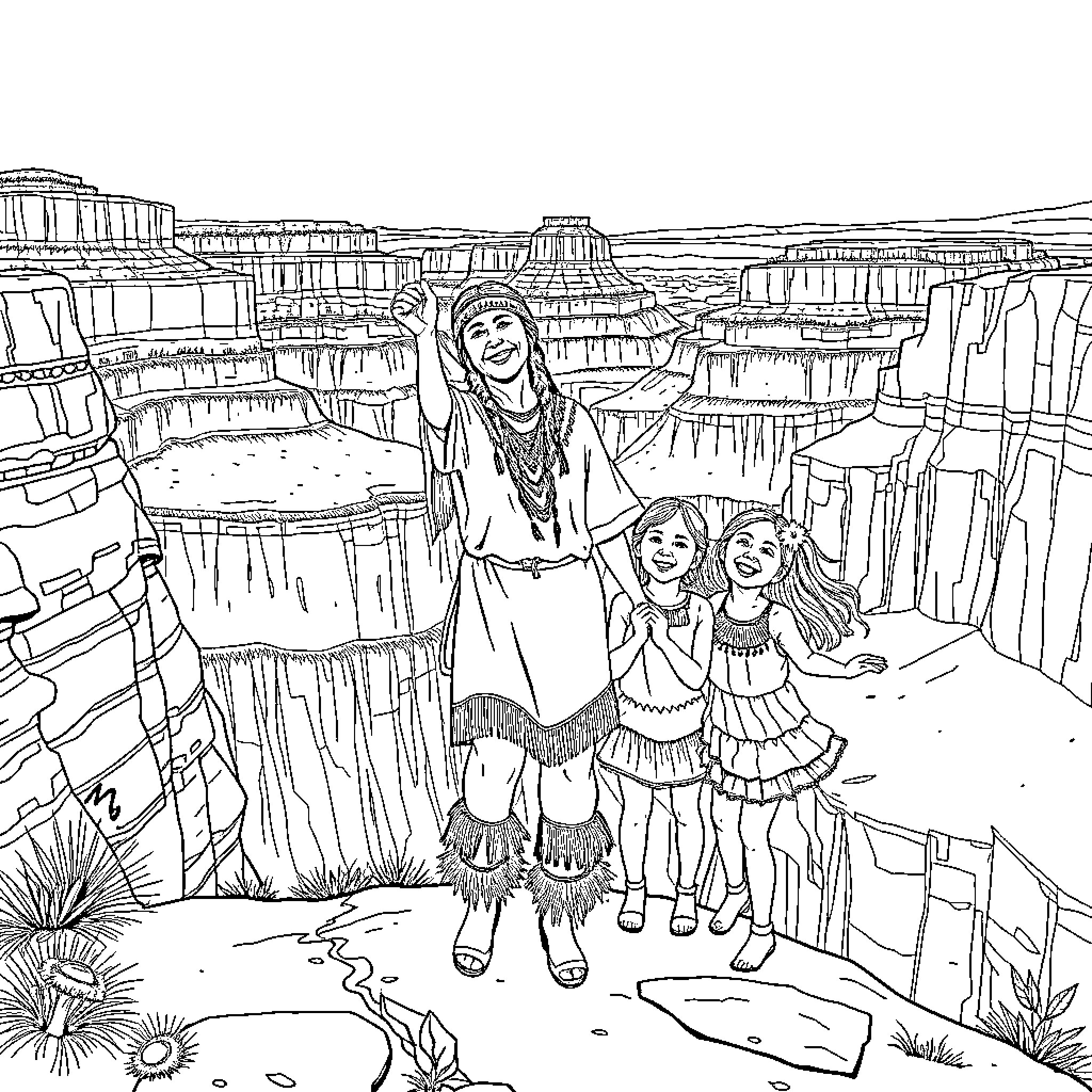 Woman and two children exploring the desert landscape Coloring Page (free black-and-white line drawing printable PDF for all, from beginners to advanced learners, including children, teens, adults, and seniors)