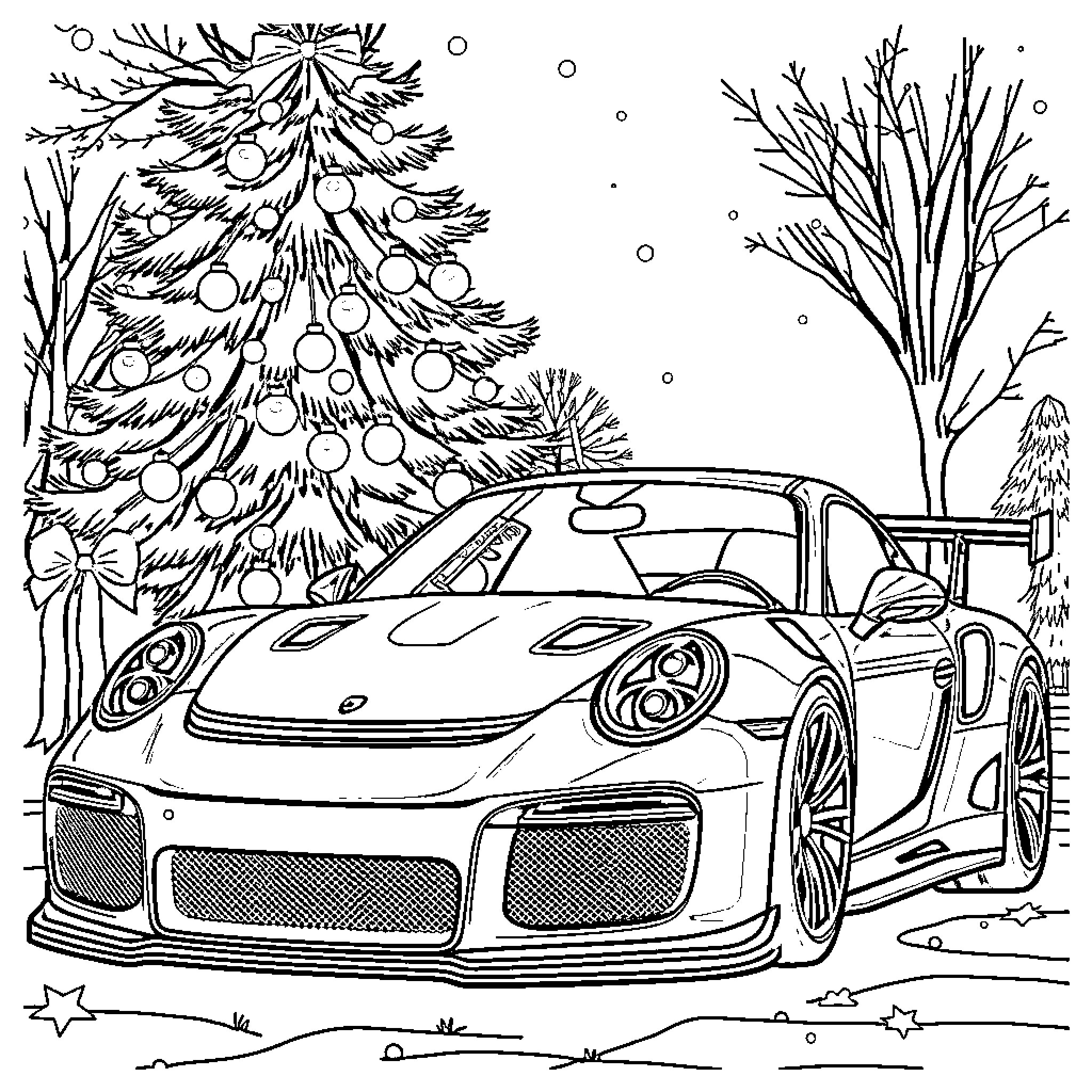 Porsche sports car parked near festive Christmas tree Coloring Page (free black-and-white line drawing printable PDF for all, from beginners to advanced learners, including children, teens, adults, and seniors)