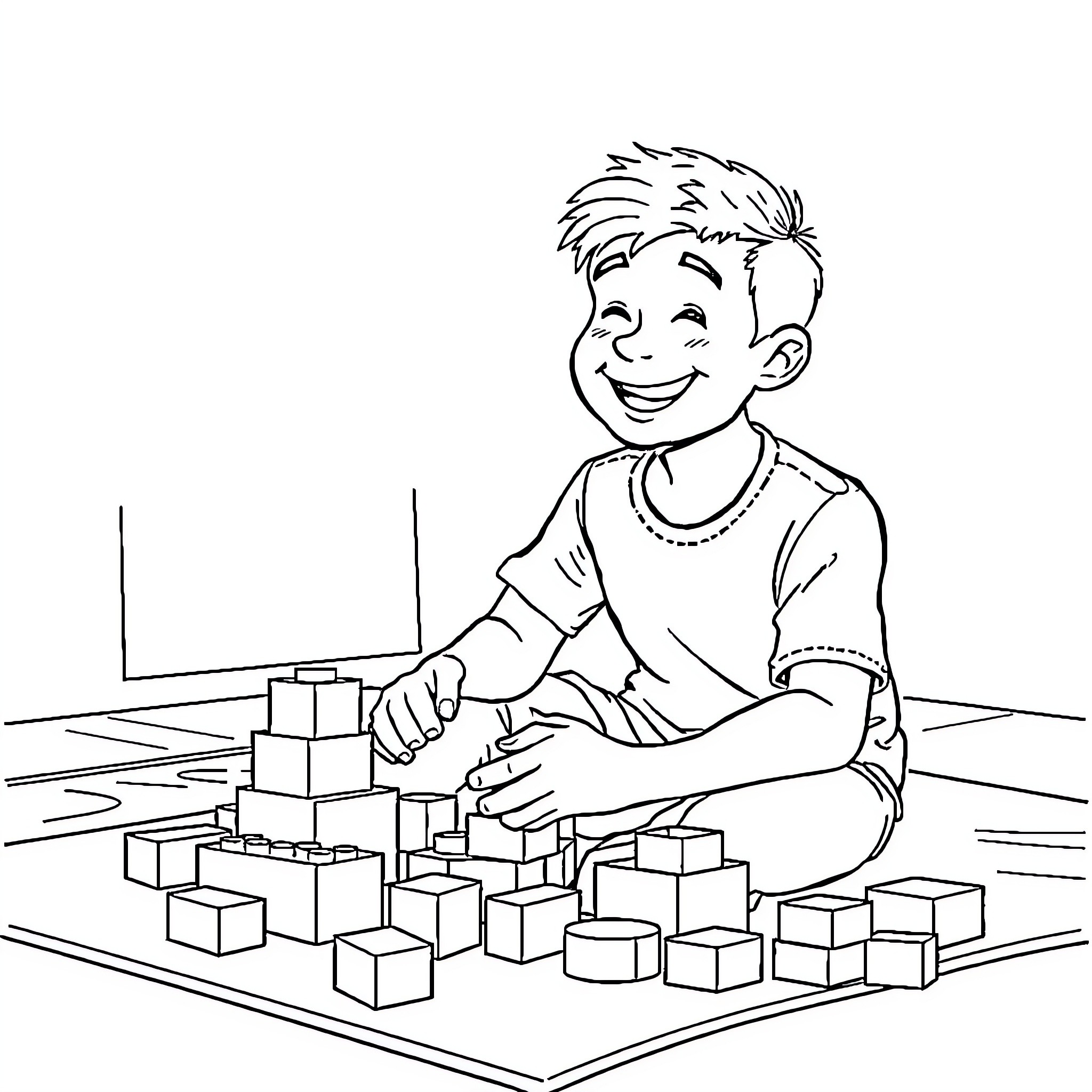 Man playing joyfully with building blocks Coloring Page (free black-and-white line drawing printable PDF for all, from beginners to advanced learners, including children, teens, adults, and seniors)